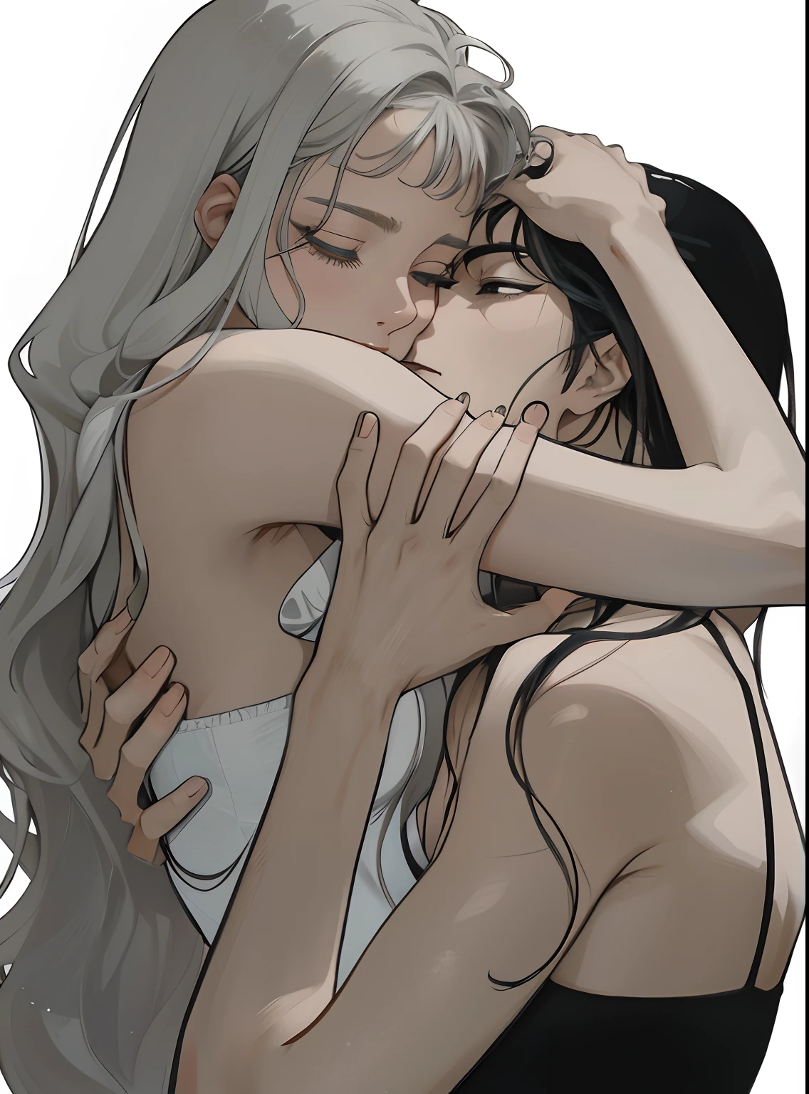 Cartoon of a woman hugging a man with a white shirt, lesbian art, lesbian embrace, fanart detalhado, Griffith, Tumblr, fanart requintada altamente detalhada, Directed by: Harumi Hironaka, inspirado em Harumi Hironaka, full-colour illustration, mulher segurando outra mulher, Directed by: Kentaro Miura, beautiful depiction, Soft anime illustration, por Kamagurka, beijar