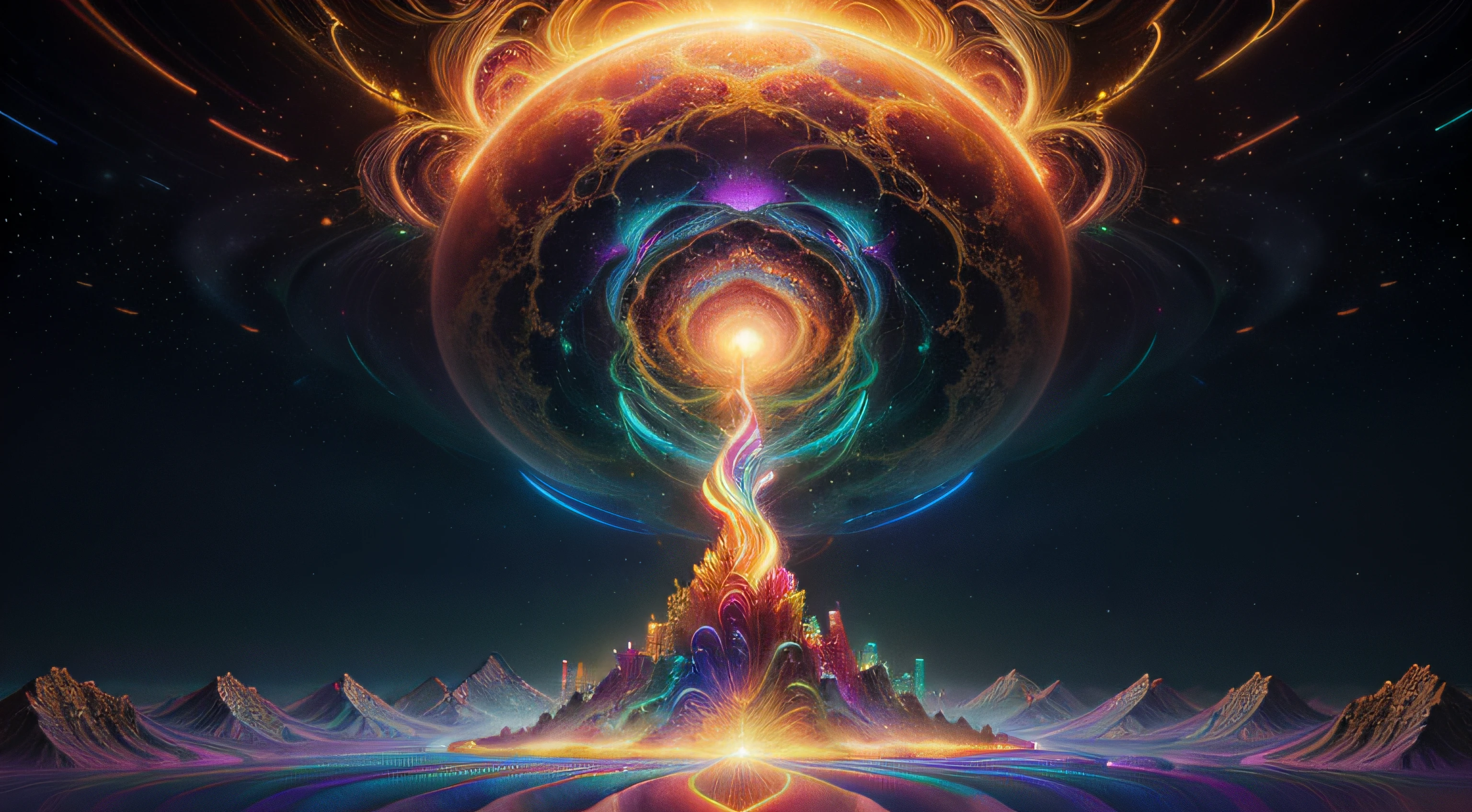 Setting in a golden cave, precious gems and crystals forming out the ground forming spikes in bright neon colorful colors, Digital illustration, Blurred and dreamlike illustration, Amédée Ozenfant, dreamlike illustration, in astral universe)) ), colorful universe surreal ethereal, in cosmic realm, in surreal dreamy landscape, light shadows, waves, multiple layers, Foreground, vista, fractal thunder Dan Mumford, Dan Mumford and Alex Gray style, psychedelic surreal art, surreal psychedelic design, fantasy art style, illusion psychedelic art, infinite psychedelic waves , inspired by Cyril Rolando, real ripple structure, psychedelic art style, psychedelic art, psychedelic illustration -- V6, colorful neon colors.