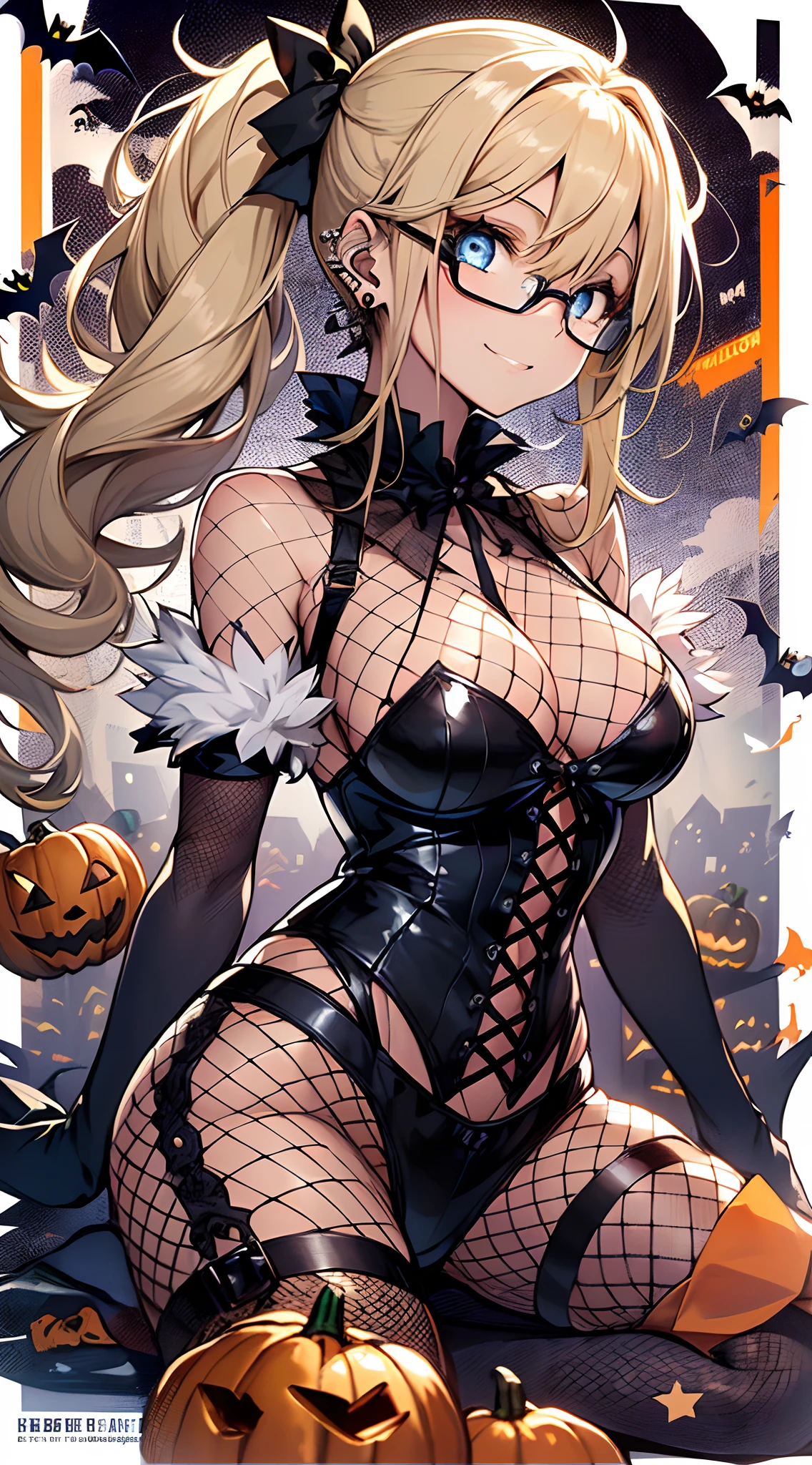 top-quality、Top image quality、in 8K,4K,masterpiece、(NSFW:1.1)、ultra-detailliert、Beautiful、ultra-quality、cute little、long legged、、girl with(((18year old、Halloween Costumes:1.5、Full body fishnet stockings 1.7、Bust 92、a blond、disheveled ponytail、Blue eyes、eye glass、Happiness、、Ear-piercing)))、hiquality、visualart、Background with((Halloween:1.2))、masutepiece