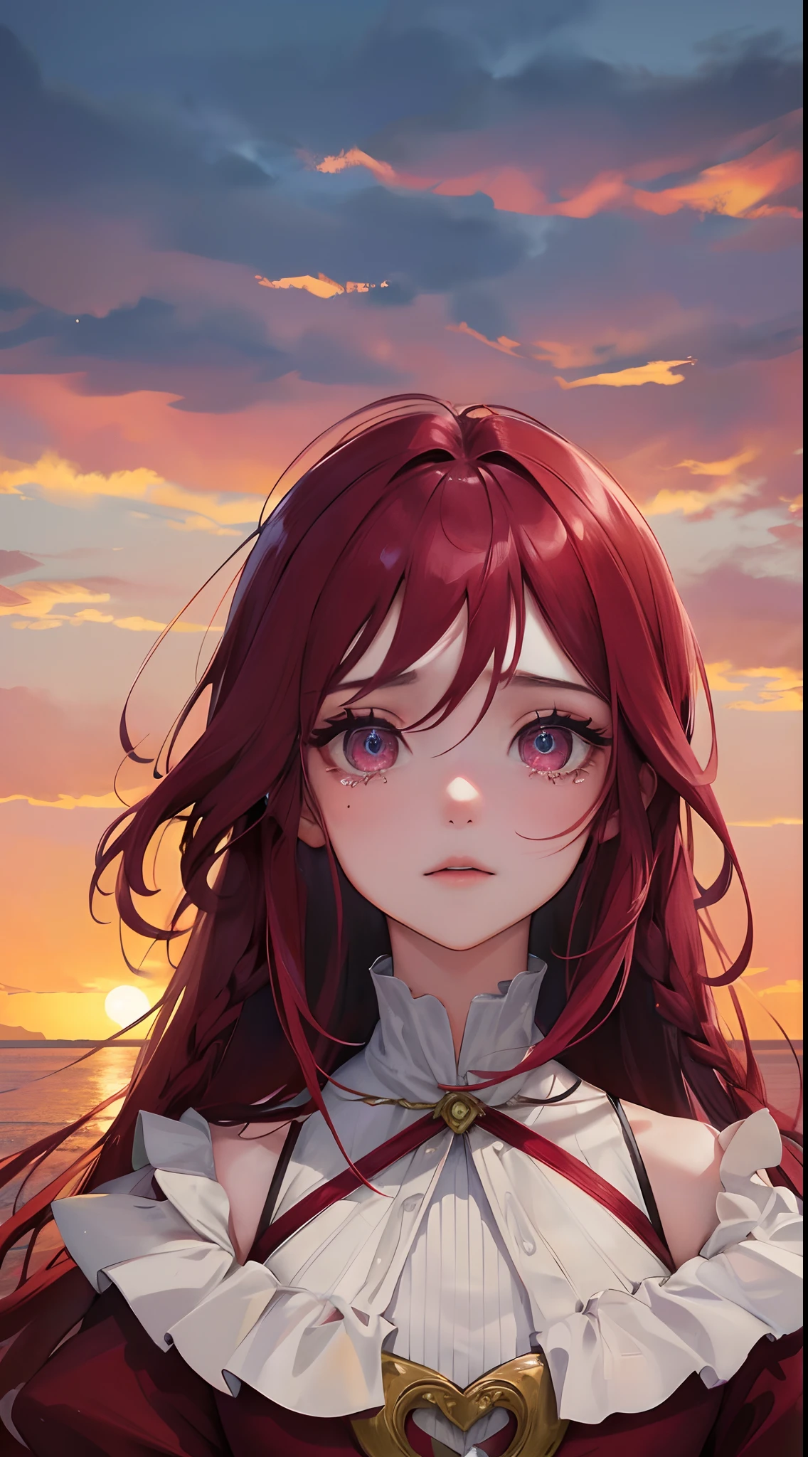 One Little Girl,Maroon braid,conservativelydressed,Big eyes and long eyelashes,Sunset sunset,With tears in his eyes,best qualtiy,super detailing,Good atmosphere,delicated,cg render,detail render,(Delicate facial portrayal)(Fine hair portrayal)(highest quality)(Master masterpieces)(High degree of completion)(a sense of atmosphere)8k wallpaper,tmasterpiece,ultra - detailed(half-body portrait)