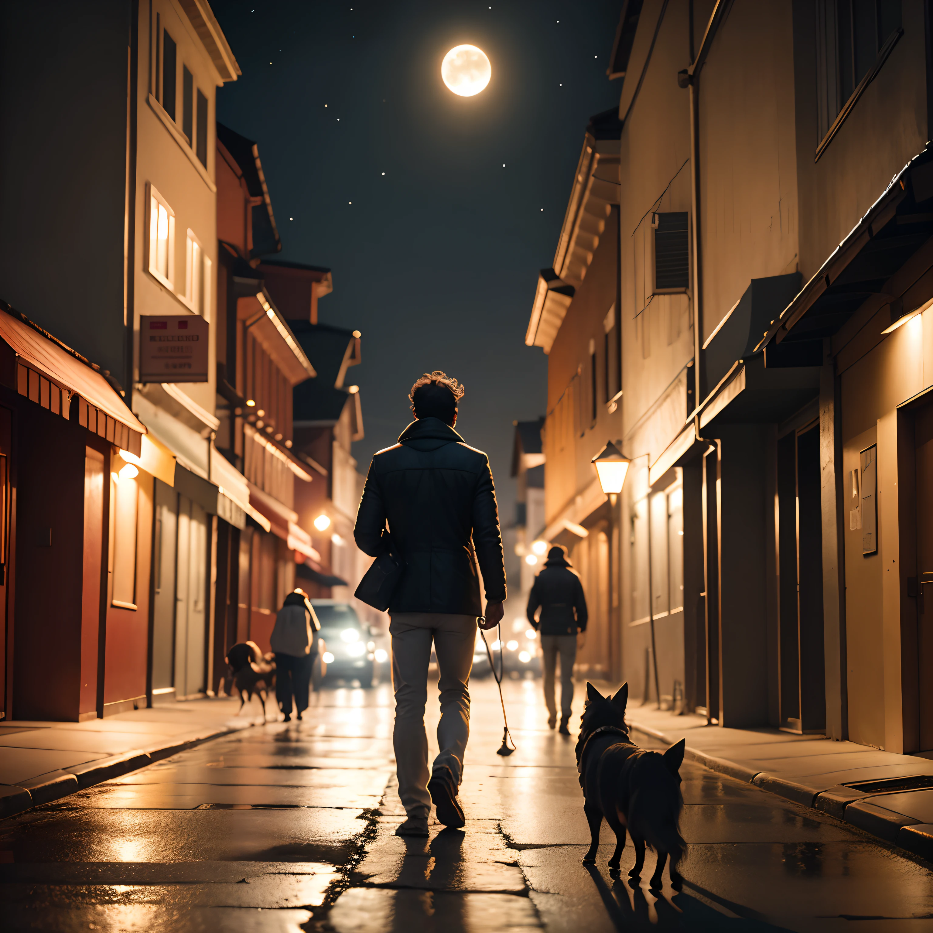 A man walking down the road at moon night with his two dogs.  Imagem realista