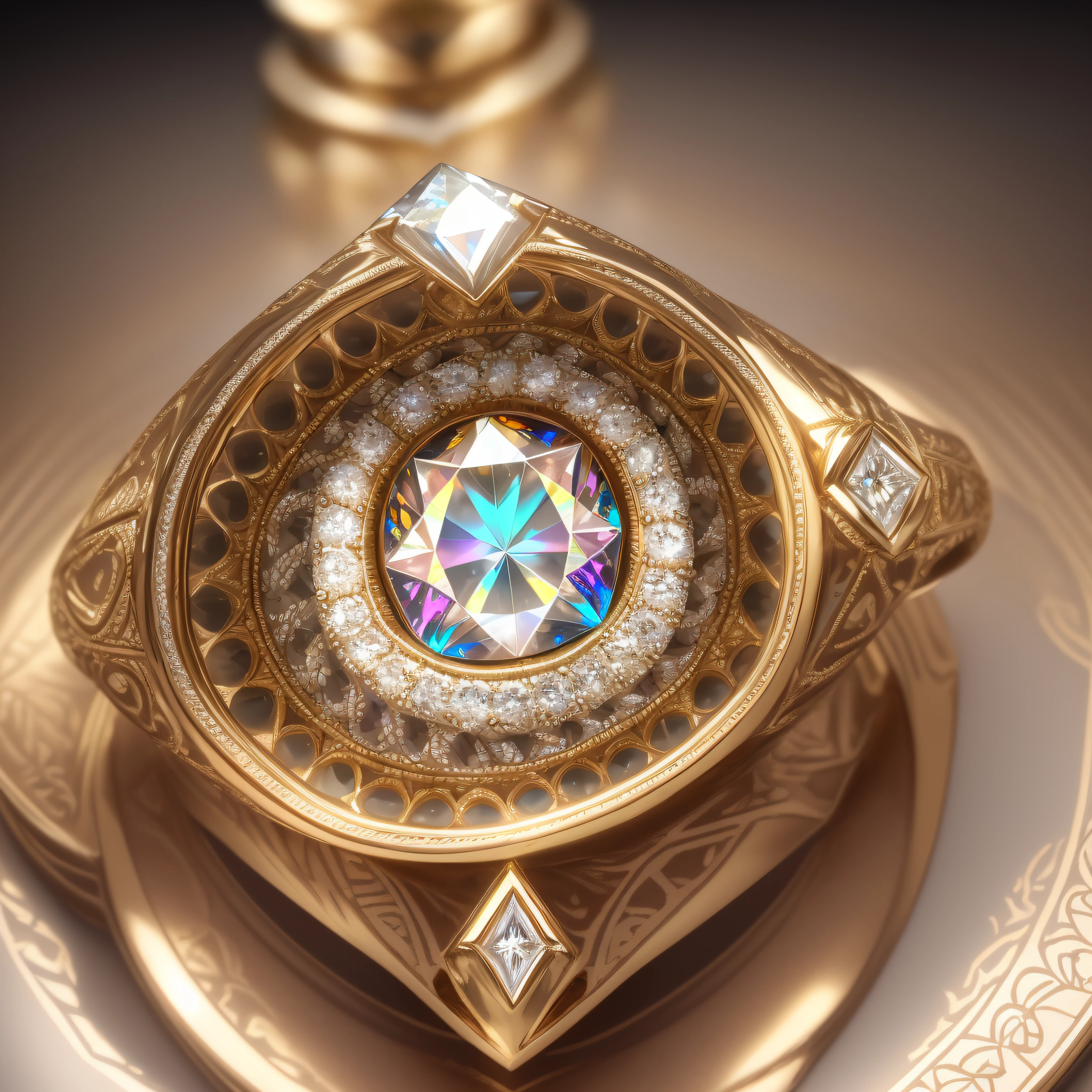Product display photoshoot, Diamond ring, close up shot, hyper realistic, attention to detail, gold base ring, beautiful complex patterns on the diamond, colorful reflection off the diamond.