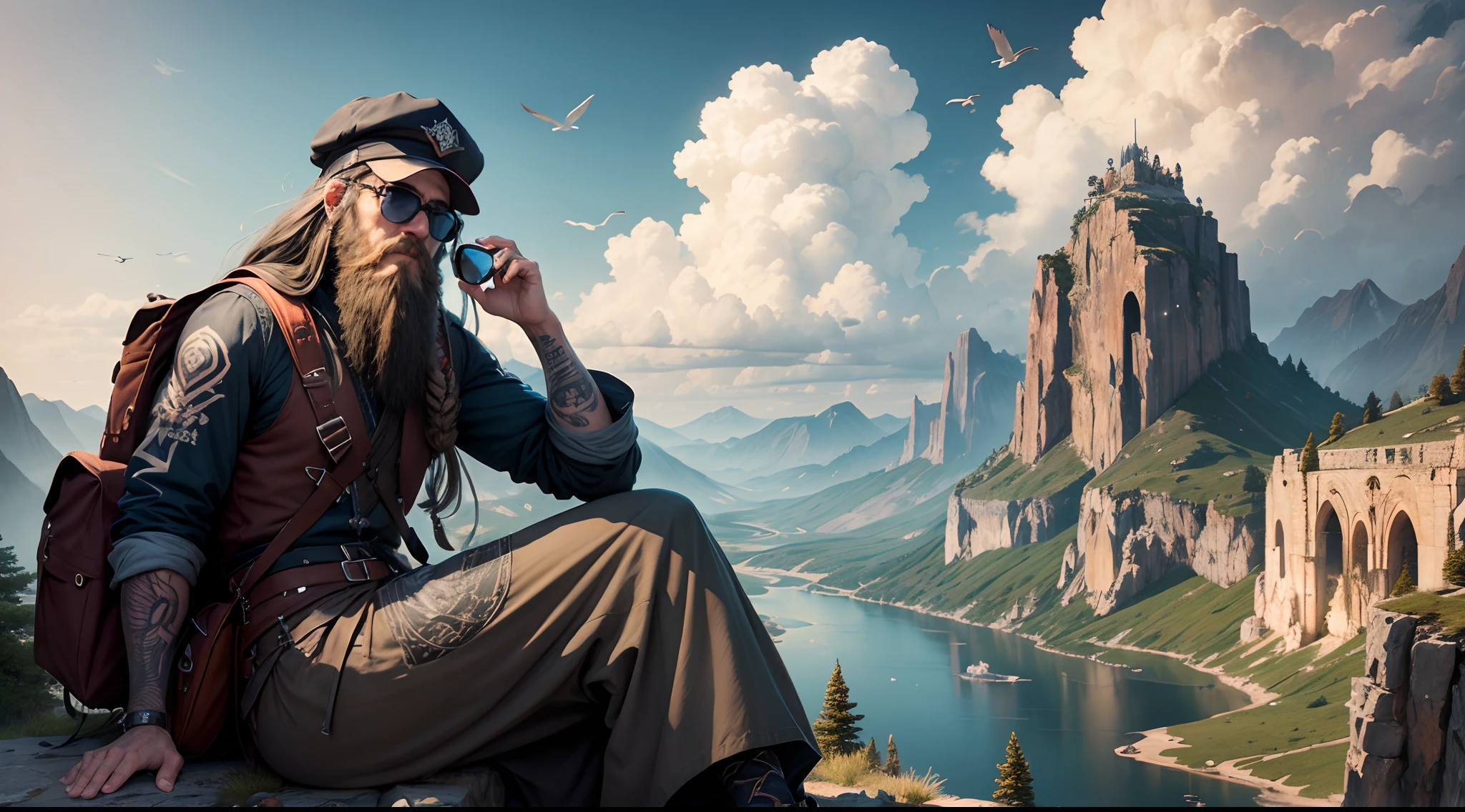 A long beard man, dredlock hair, hyper realistic detailed face ,tattooed, sitting on a mountain top, sunglass, cap, bag pack, a lot of birds, clouds, river, from the front, mile stone , hyper realistic, hyper detailed, masterpiece, information