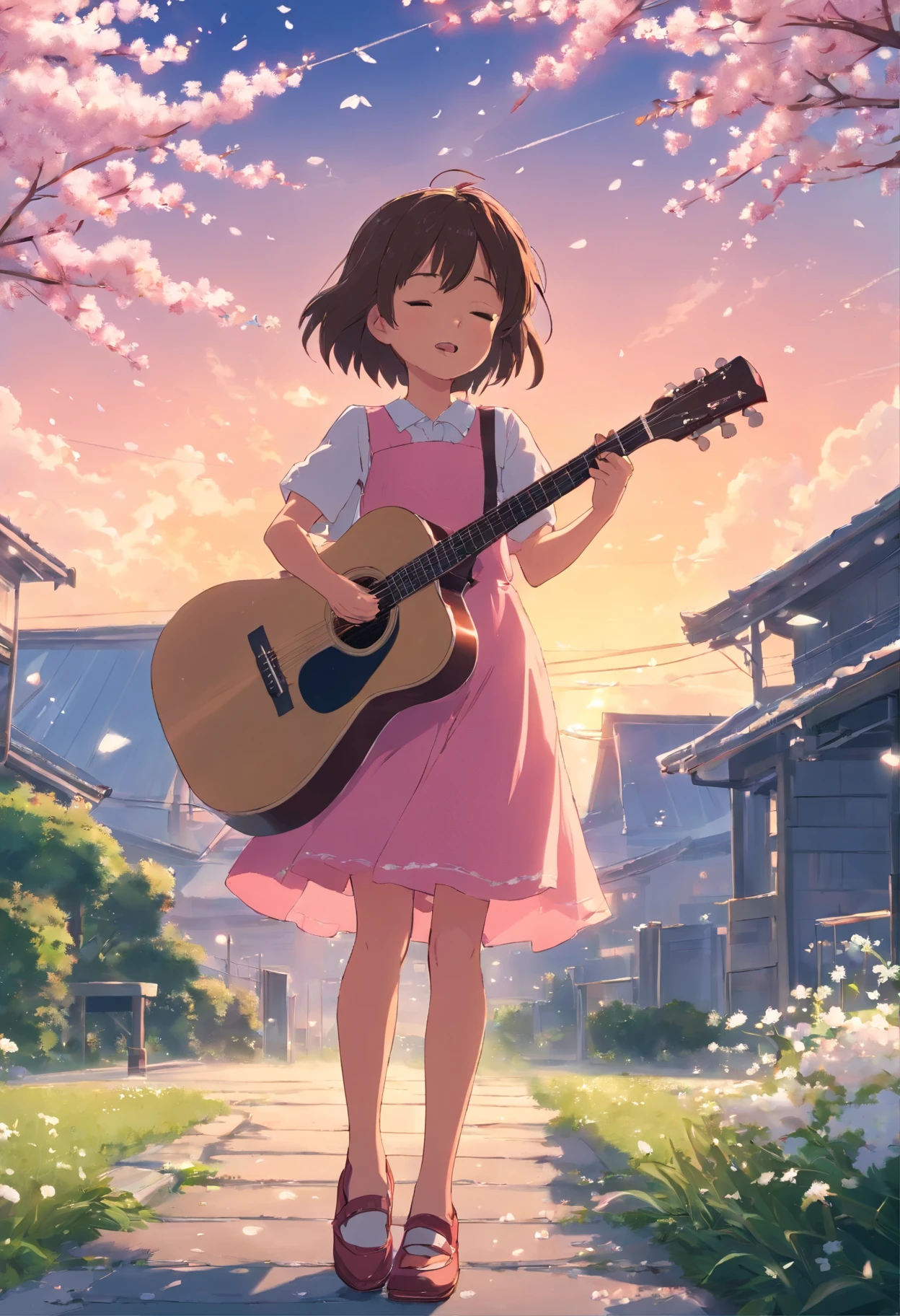 5 years old girl, wears with a pink dress, sings with a guitar, little white blossoms are falling all over the sky,