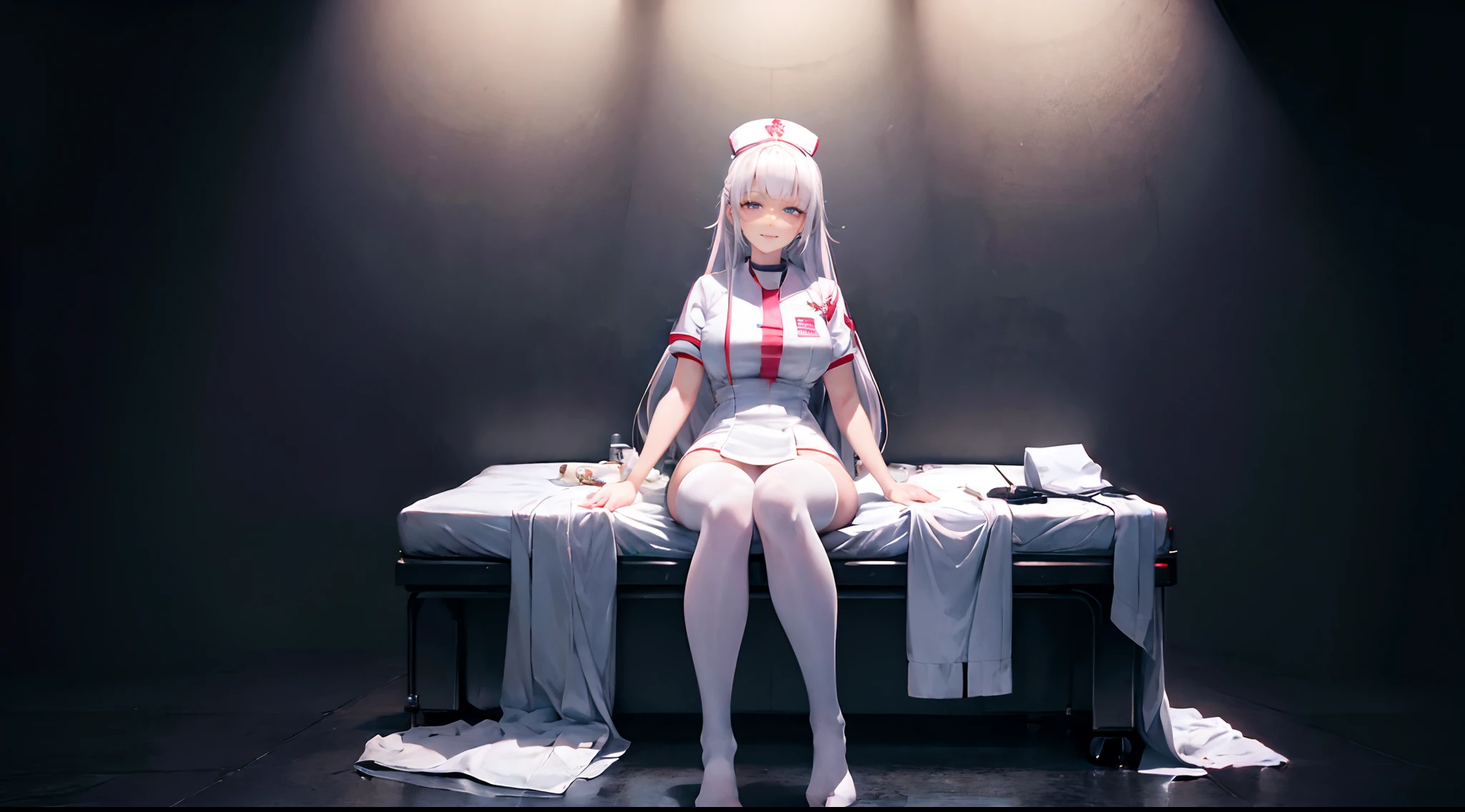 ultra high res, photo, 4k, (photorealistic), absurdres, (incredible absurdity), ((masterpiece, best quality)), (wallpaper), (8k hd), 1girl, nurse outfit, long white hair, white stockings, nsfw, smug, hospital background