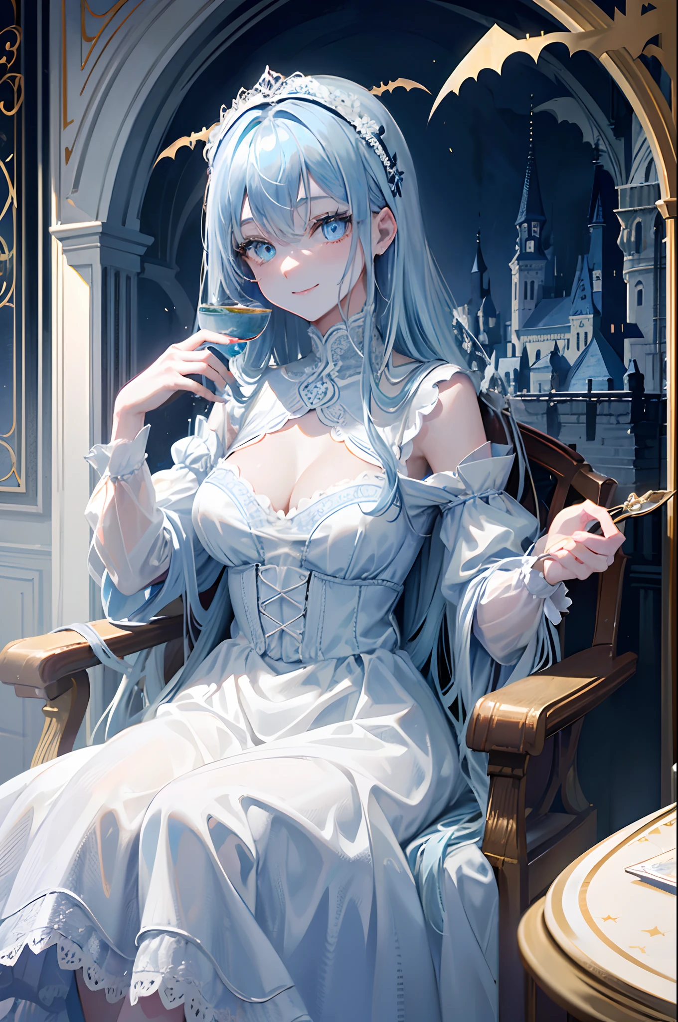 long light blue dark colored hair, blue eyess Halloween White lace dress Drinking tea at the castle A smile masterpiece Top image quality Clear cinematic shadow Increased attractiveness of the eyes Clear the shine of the eyes Draw eyelashes neatly Perfect Eye A detailed eye Sharpen image quality Sharpen eye writing Clear eye shape