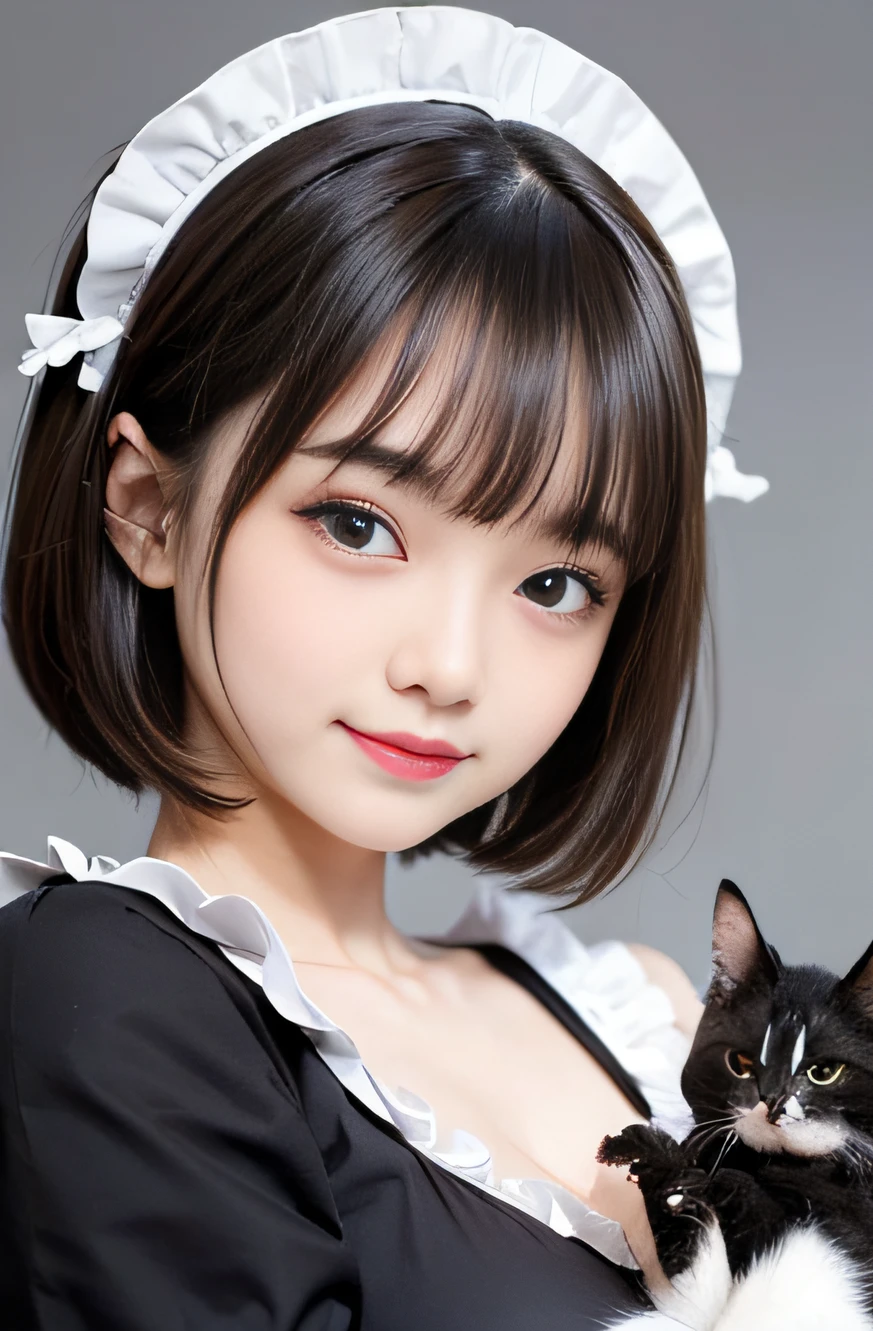 1girl,18 years old,(cleavage between breasts:1.2), beautiful eyes,smile, japanese idol, extremely pretty, cute, perfect face, fascinating smile, captivating smile, happy smile, large round eyes, Gentle facial expression, (holding a cute kitten:1.3), looking at the viewer, 1girl, masterpiece,realistic, white panties,round big eyes, shiny skin,small nostrils,light makeup, (french traditional black maid costume:1.2),maid headdress,short hair,socks, shallow depth of field,