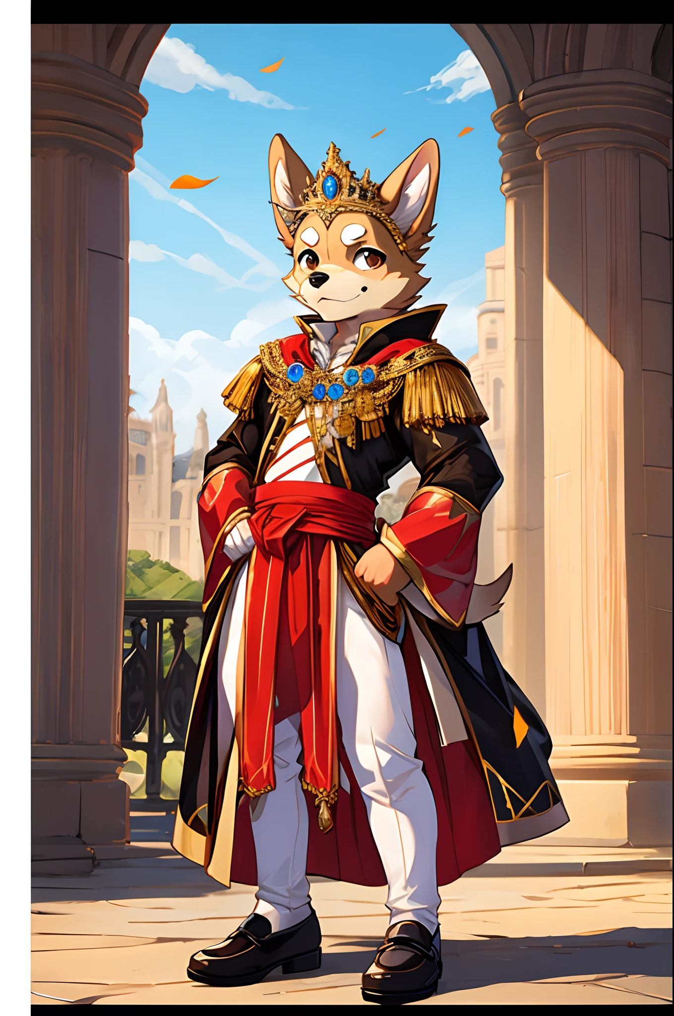 photo, best quality, 1male, white Chihuahua male, prince, royal costume, white tights, flat shoes, tiara, puffed-up sleeves