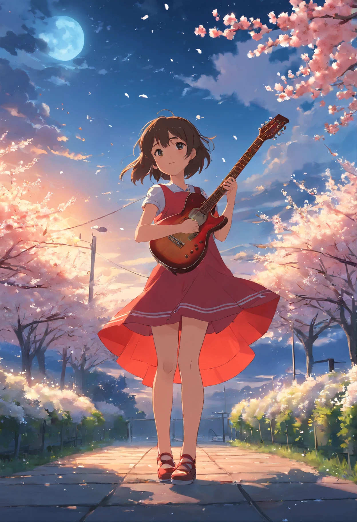 5 years old girl, wears with a red dress, with a guitar, little white blossoms are falling all over the sky,
