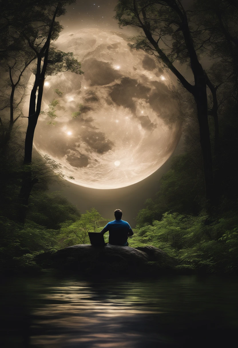 Um menino usando o computador no meio da floresta a noite de lua. Imagem realista ultra realistic image photographic