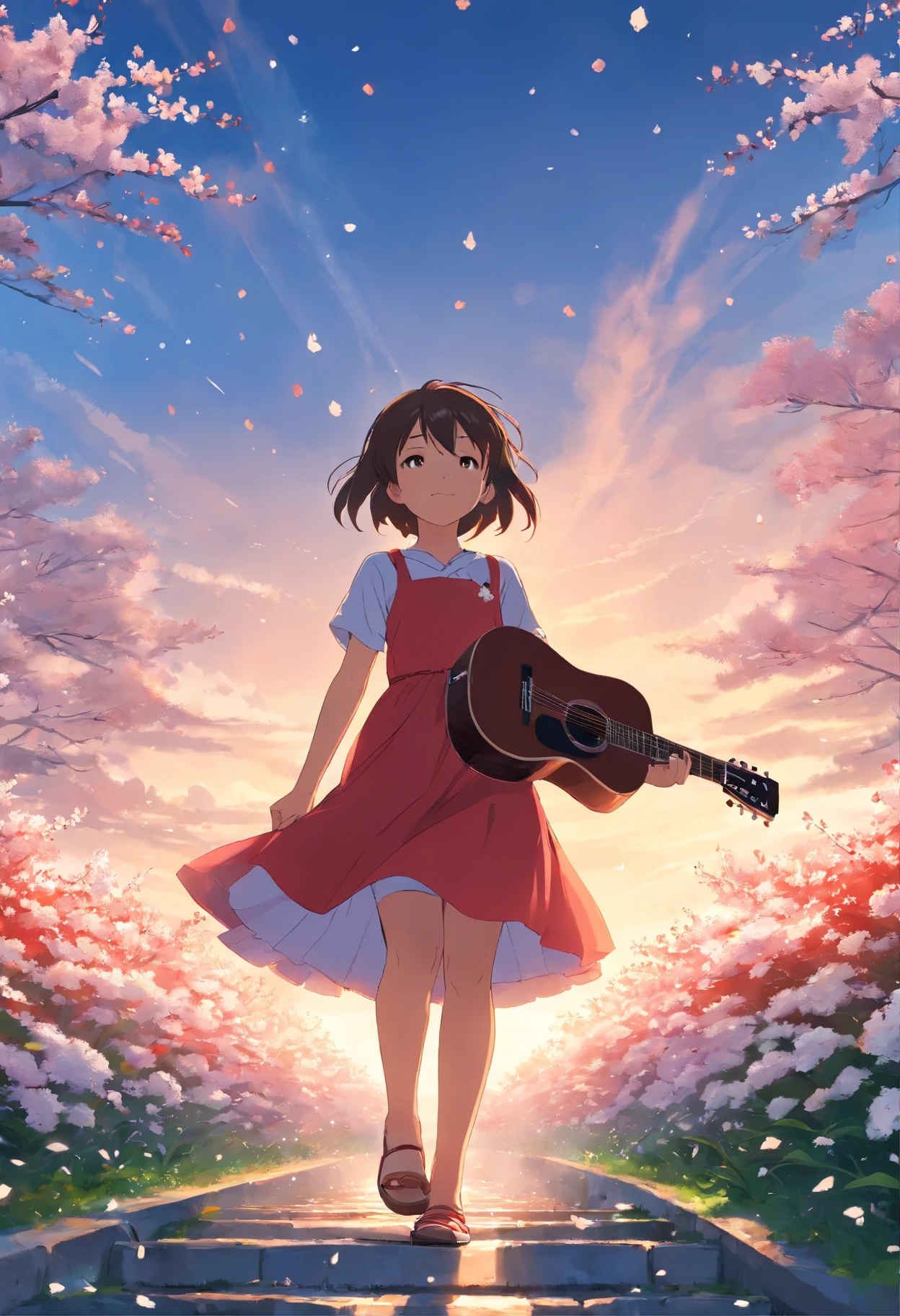 5 years old girl, wears with a red dress, with a guitar, little white blossoms are falling all over the sky,