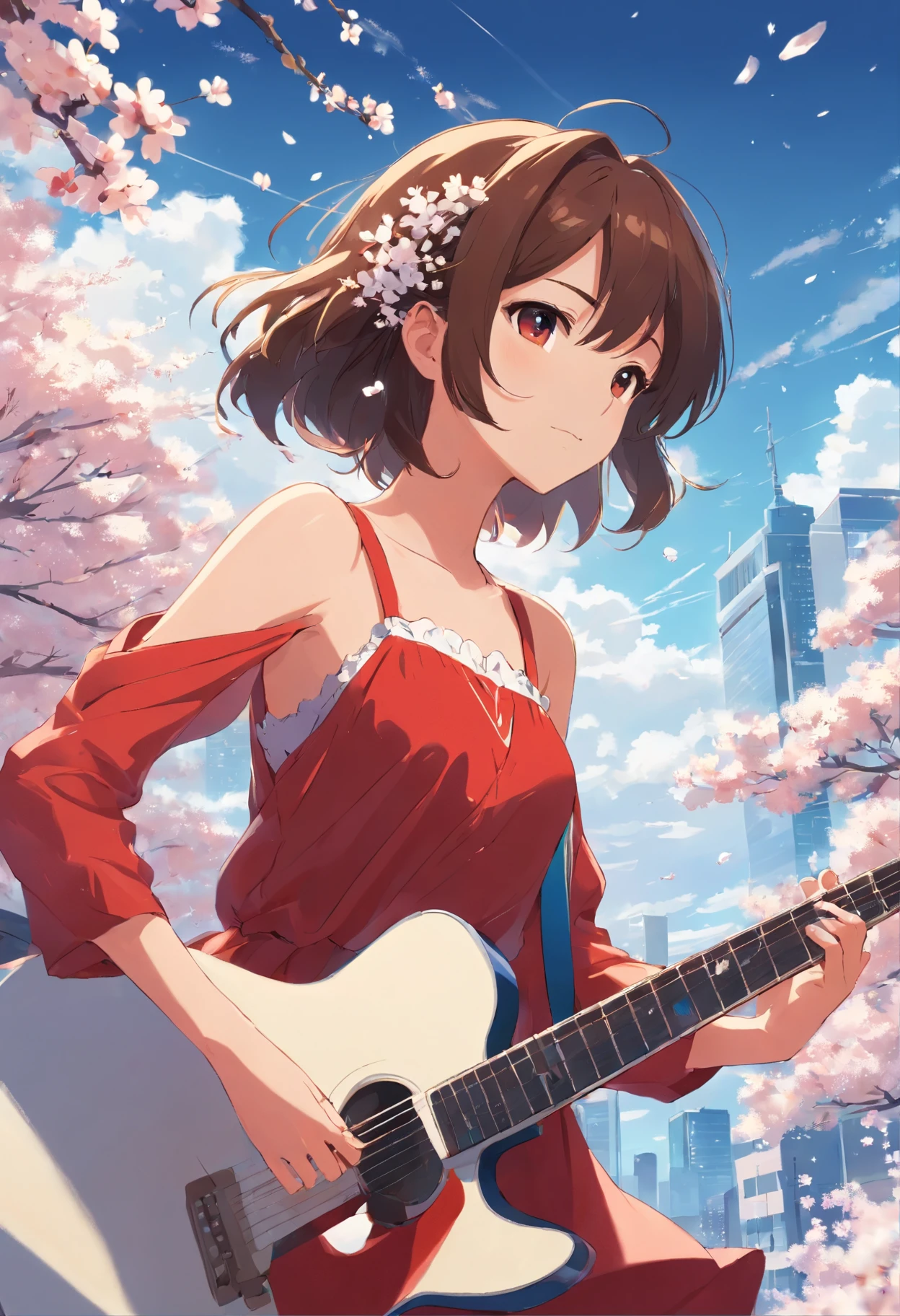 20 years old girl, wears with a red dress, with a guitar, little white blossoms are falling all over the sky,