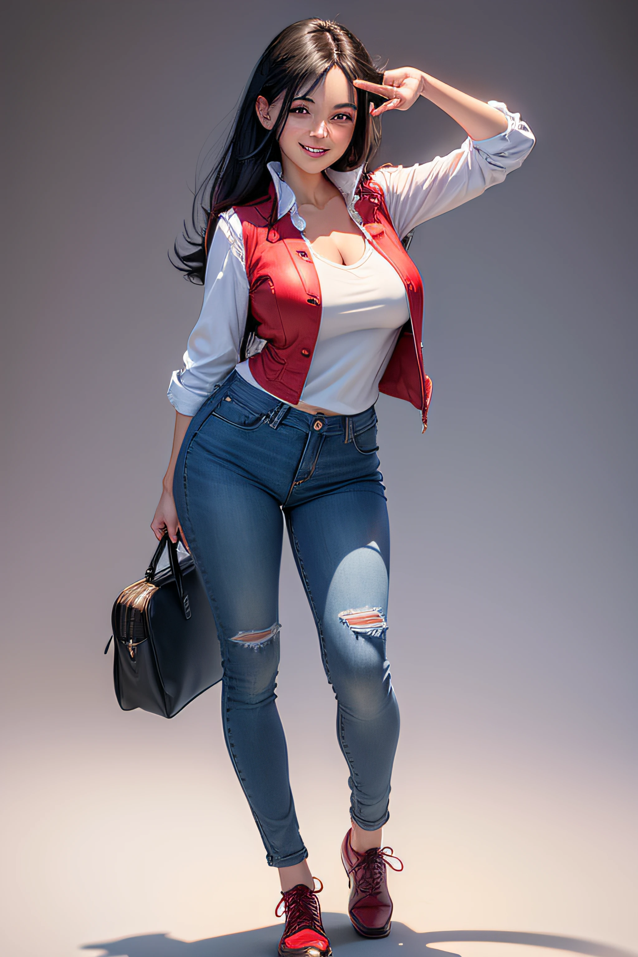 woman drawing, anime, closed red vest, blue jeans, hand raising 4 fingers, black hair, white blouse, high definition, smiling, front view, white background, no bag, red vest and jeans, full body