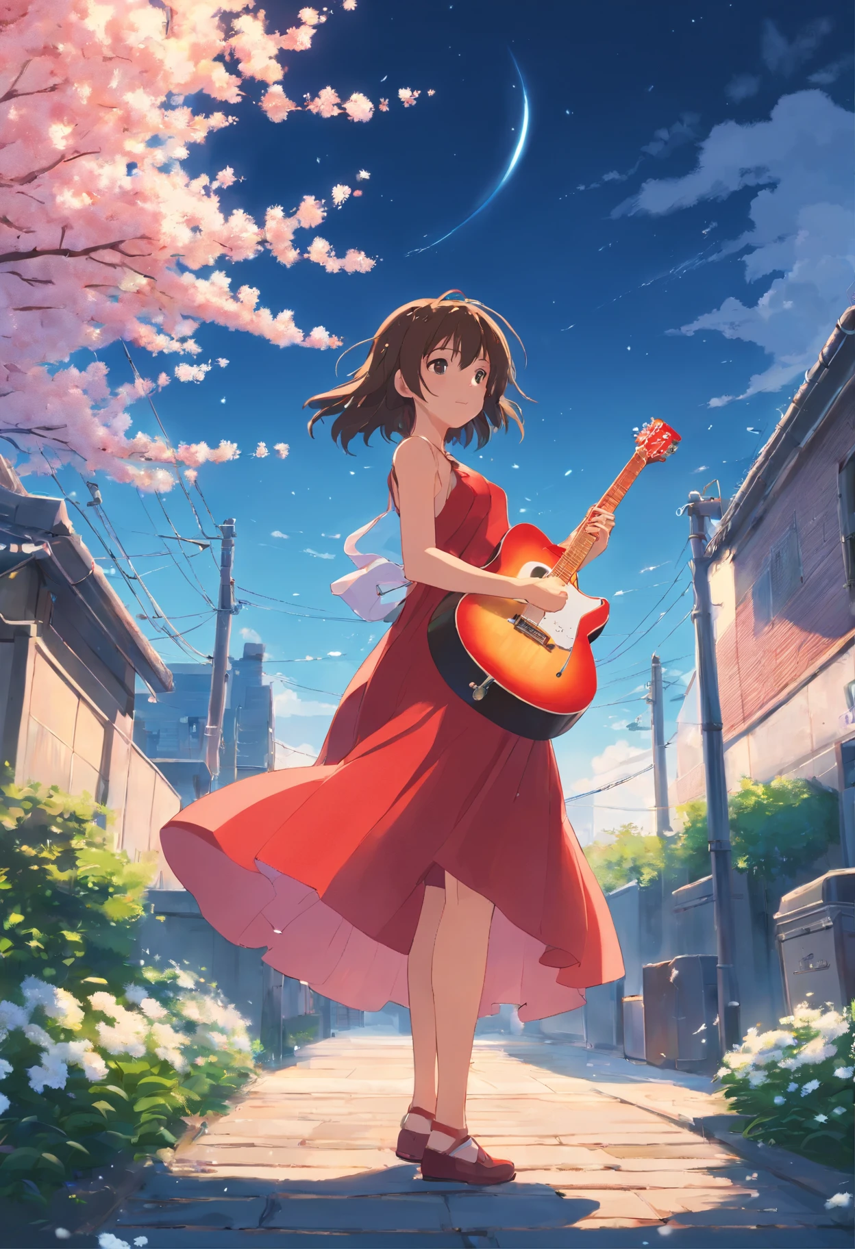 20 years old girl, wears with a red dress, with a guitar, little white blossoms are falling all over the sky,
