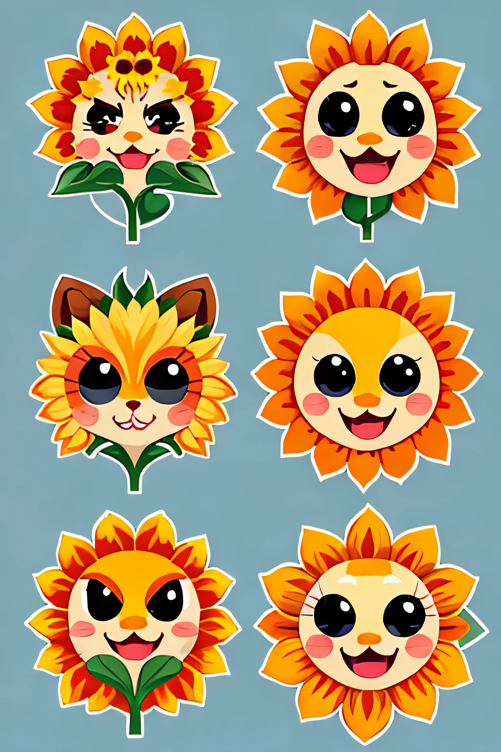 stickers of four Sunflower,cute,anthropomorphic Sunflower,emote,happy,Surprised,angry
