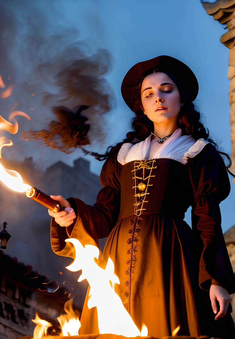 Woman in medieval dress holding a torch in front of a clock tower, Queima de bruxas, mulher pyromancer steampunk do mal, casting fire spell, the sorceress casting a fireball, casting a fire spell, inspirado em Artemisia Gentileschi, classical witch, Female mage conjuring a spell, Estilo Orazio Gentileschi