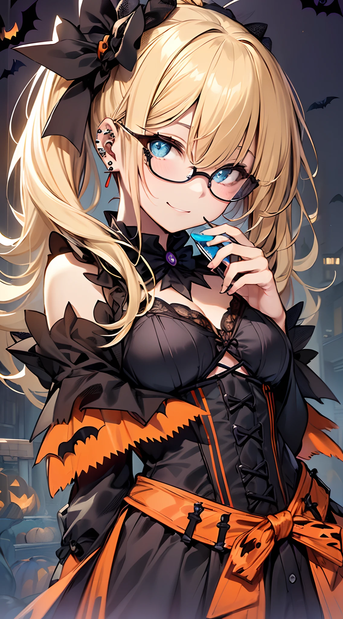 top-quality、Top image quality、in 8K,4K,masterpiece、(NSFW:1.1)、ultra-detailliert、Beautiful、ultra-quality、cute little、girl with(((18year old、Halloween Costumes:1.5、Full body fishnet stockings 1.3、Bust 92、a blond、disheveled ponytail、Blue eyes、eye glass、Happiness、、Ear-piercing)))、hiquality、visualart、Background with((Halloween:1.2))、masutepiece