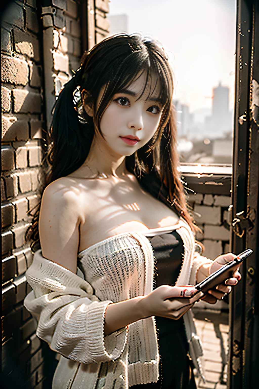 (masterpiece, Highest quality, 8K, High resolution),(Realistic skin texture, Perfect Face, Realistic, Perfect hands, Perfect finger count, Japanese, Girl), (21 years old), Big Eyes, Brown eyes, Brown Hair, bangs, Twin tails, Big hair ribbon, Small face, A seductive smile, ((front lace corset, Lower body naked, Pussy, Thick thighs)), Are standing, Cute pose, rooftop, Overlooking the city, Fisheye lens blue sky and clouds