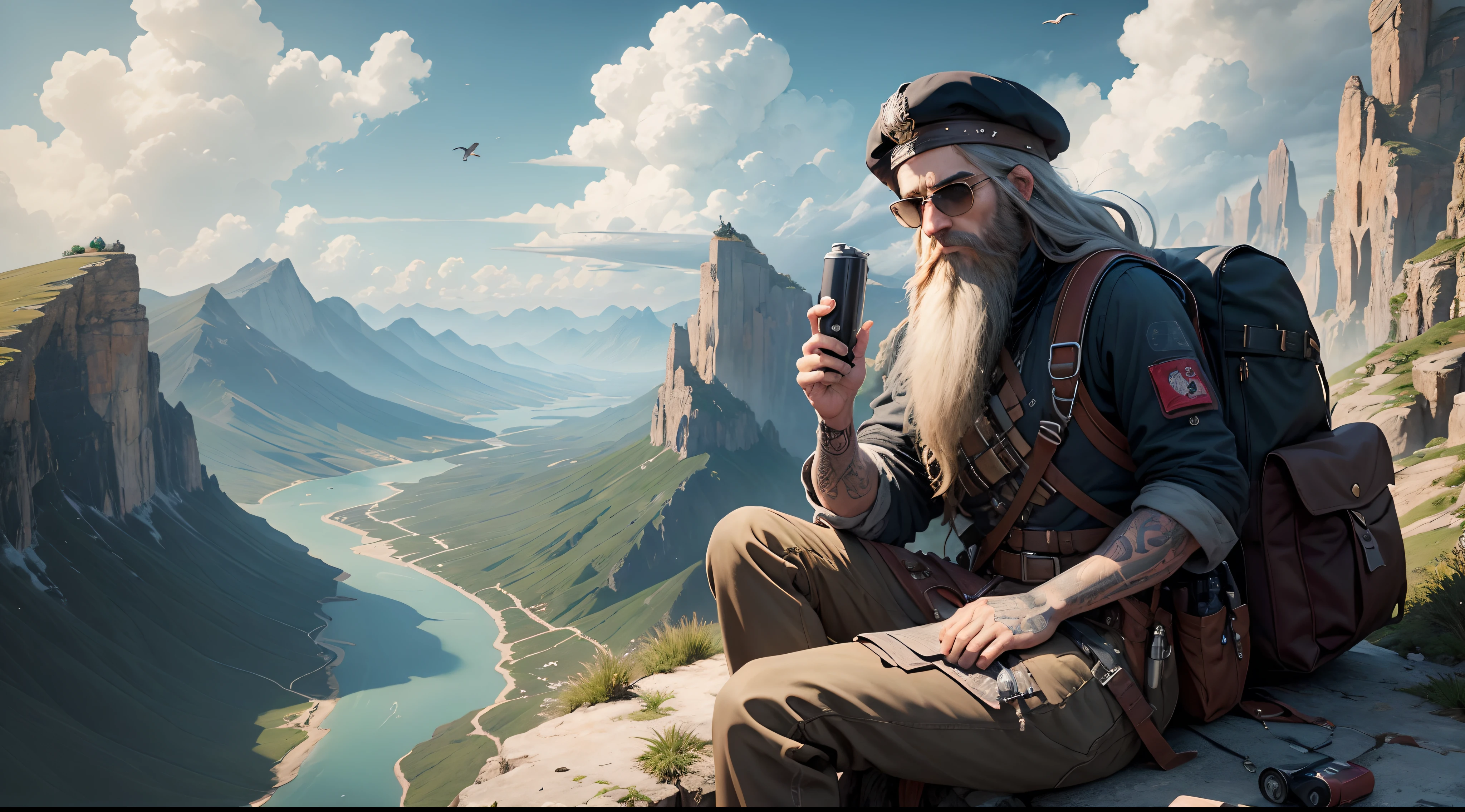 A long beard man, dredlock hair, hyper realistic detailed face ,tattooed, sitting on a mountain top, sunglass, cap, bag pack, a lot of birds, clouds, river, from the front, mile stone , hyper realistic, hyper detailed, masterpiece, information