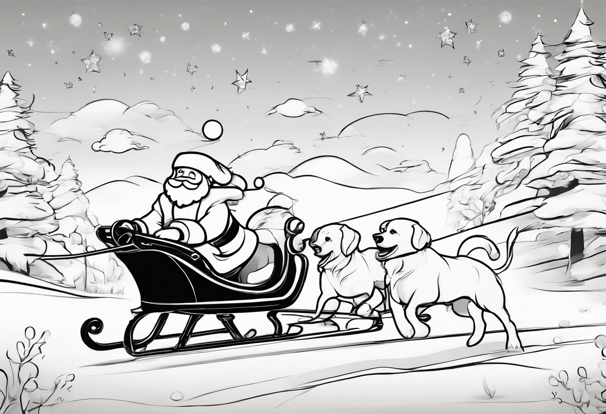 Cute Pixar Style Santa Claus in a beautiful sleigh, being pulled across the sky by cute white fluffy puppies, lineart for colouring page, thin black precise lines on white background,