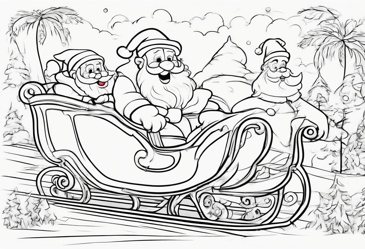 Cute Pixar Style Santa Claus in a beautiful sleigh, being pulled across the sky by cute white fluffy puppies, lineart for colouring page, thin black precise lines on white background,