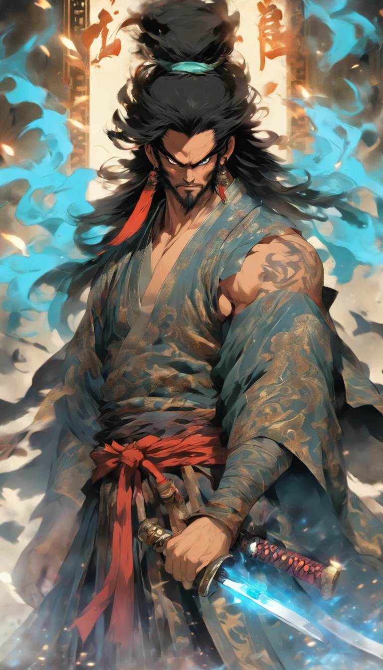 middle aged man, Evil painting style, A high resolution, Black color hair, Half of the demon body and half of the demon face, Chinese Warrior, Delicate three-dimensional blue flame demon face, sbeard, Wearing a hat, Expression of anger, Perfect body proportions, kaftan, Black and white robes, A scabbard hangs from his waist, Handsome, Full body view, standing on your feet, （White background：1.3）, swordsman, He held a long wide and heavy knife in his hand, Face the lens, （Blackn clothes：0.8）, High detail, Masterpiece, ccurate, Anatomically correct, Textured skin