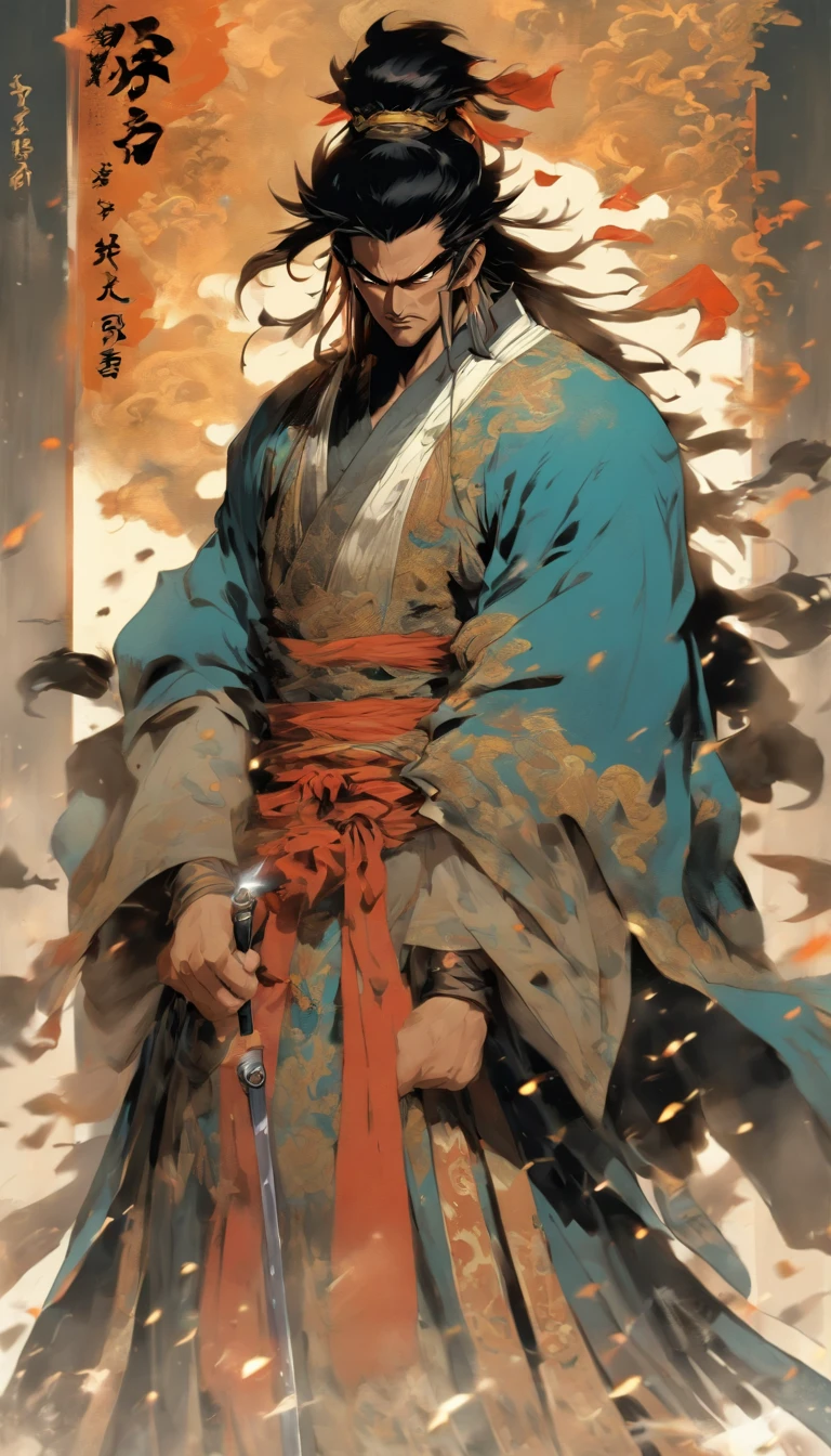 middle aged man, Evil painting style, A high resolution, Black color hair, Half of the demon body and half of the demon face, Chinese Warrior, Delicate three-dimensional blue flame demon face, sbeard, Wearing a hat, Expression of anger, Perfect body proportions, kaftan, Black and white robes, A scabbard hangs from his waist, Handsome, Full body view, standing on your feet, (White background:1.3), swordsman, He held a long wide and heavy knife in his hand, Face the lens, (Blackn clothes:0.8), High detail, Masterpiece, ccurate, Anatomically correct, Textured skin