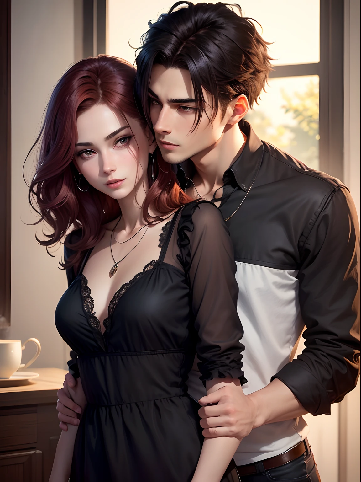 masterpiece, top-quality, 2Others, Male and female couples, 1 man and 1,, Adults, Height difference, different fashion, different color, finely eye and detailed face, intricate detailes, Casual clothing, Oversized shirt, Modern living room, Hands on back, A smile, Happiness, tenderness, high-level image quality、 beautiful male、tall、hug from behind、Trying to kiss、window、nightfall、nighttime scene、𝓡𝓸𝓶𝓪𝓷𝓽𝓲𝓬、By Fedman with a necklace, androgynous vampire, :9 detailed face: 8, extra detailed face, detailed punk hair, ((asa)) baggy eyes, Seductive. Highly detailed, semi realistic anime, hyperrealistic teen, delicate androgynous prince, imvu, short hair above the ears, Man with short hair, Woman with long wavy hair, A man with a glaring expression and a woman with a gentle expression, With a short-haired man with brown hair, Woman with pretty long red hair