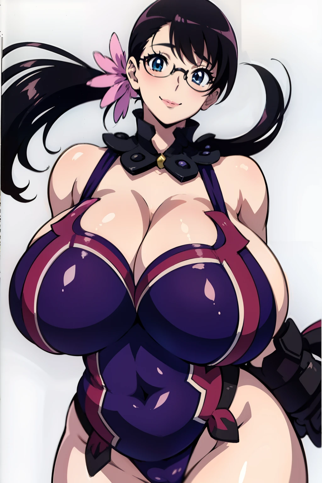 anime style, cattleya_qb, cattleya_gorget, cattleya_purple_highleg_leotard, best quality, high resolution, In the style of Hiraku Kaneko, Inspired by Rin Shin, 1girl, low ponytail, makeup, pink lip, beautiful face, curvy, happy smile, closed mouth, (huge breasts:1.4), white background, cowboy shot