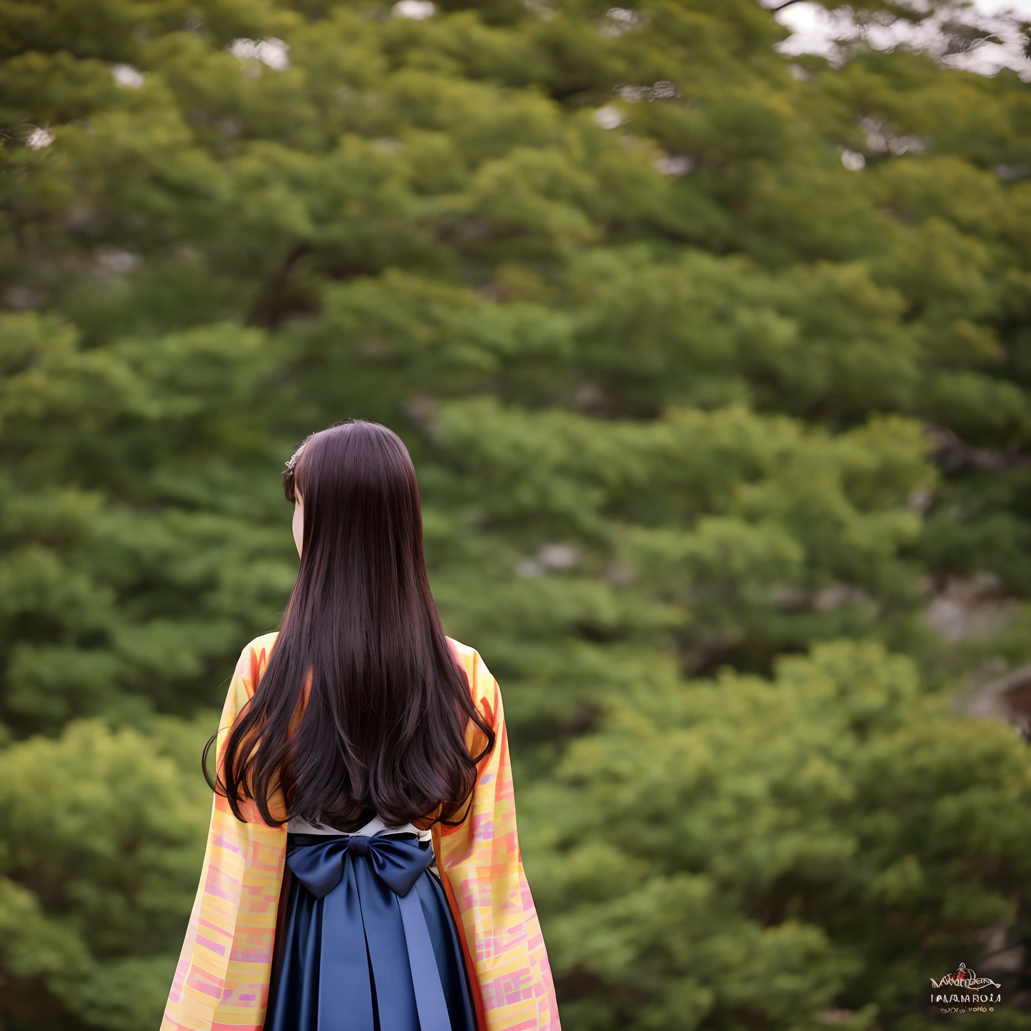 Long hair korean teenager wearing hanbok facing away from camera