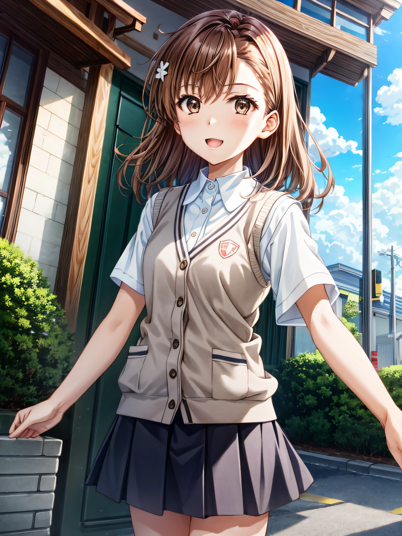 Misaka_mikoto, 1 persons, 独奏,
(illustratio:1.1)、(Top image quality)、(​masterpiece:1.1)、(beautiful and clear background:1.25)、(the Extremely Detailed CG Unity 8K Wallpapers:1.1)、(colourfull:0.9)、(depth of fields:0.75)、(Ink splashing:0.95)、(color splashes:0.85)、(watercolor paiting:0.65)、​masterpiece、top-quality、ighly detailed、realisitic、Misaka_mikoto,Three-dimensional feeling、full-body view、a park、 super precision、[[In high-quality anime、Cute Misaka with light brown hair and brown eyes_mikoto:1.15]]
(cowboy  shot:1.4)、(校服:1.4)、耳Nipple Ring、up looking_で_viewer、Neck_bow ribbon、outside of house、Sunnyday、detailed blue sky、Light Brown Sleeveless Cardigan、grey miniskirt、