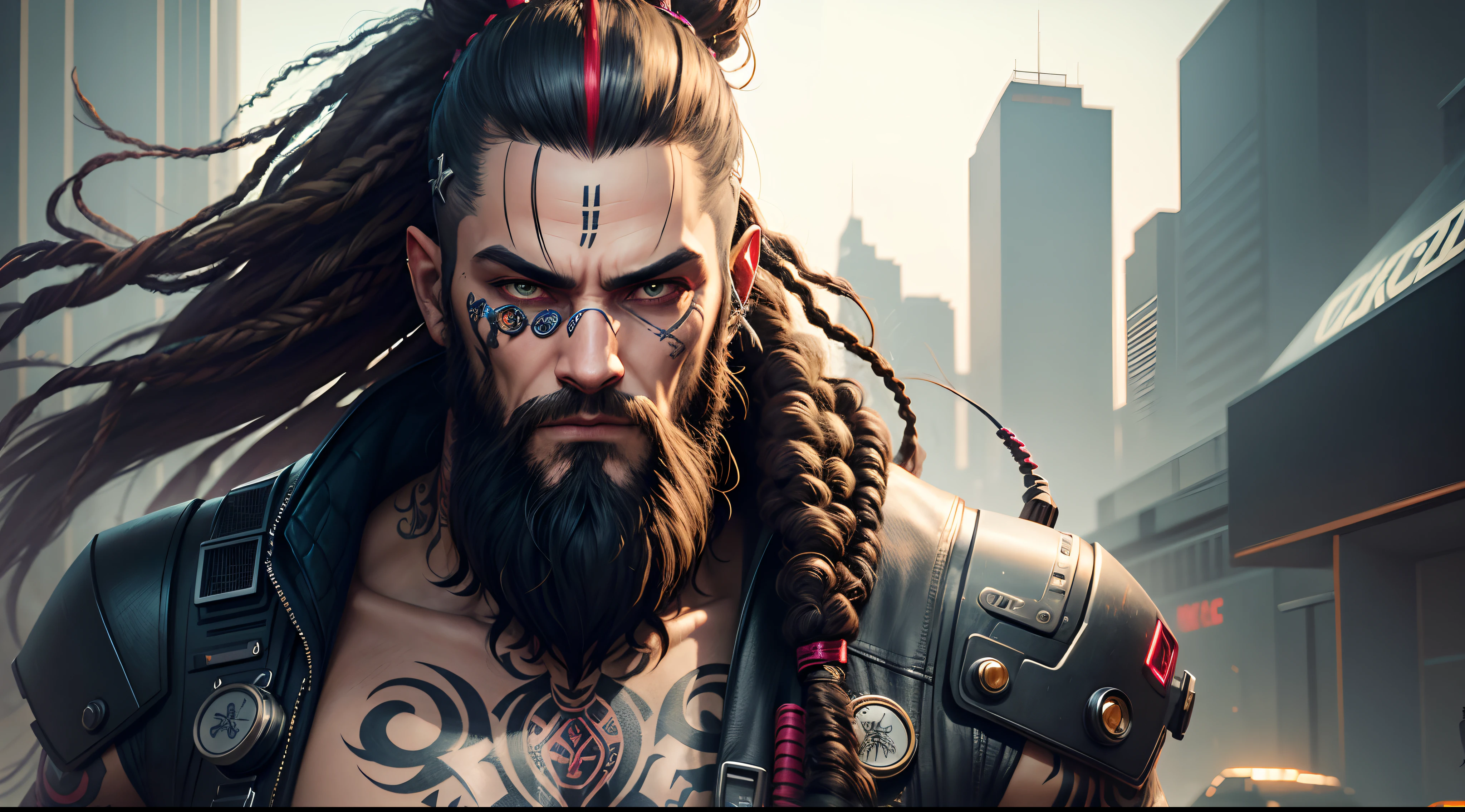 A funky long beard man with dredlock hair , tattooed ,cyborg, a dog, cyber punk style, cinematic, full detailed, hyper realistic face, masterpiece, hyper detailed