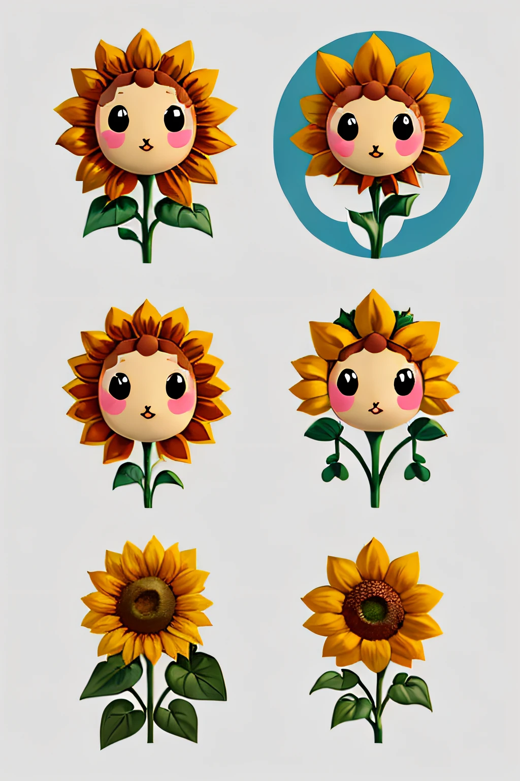stickers of four sunflower,cute,anthropomorphic sunflower,crying,tearful