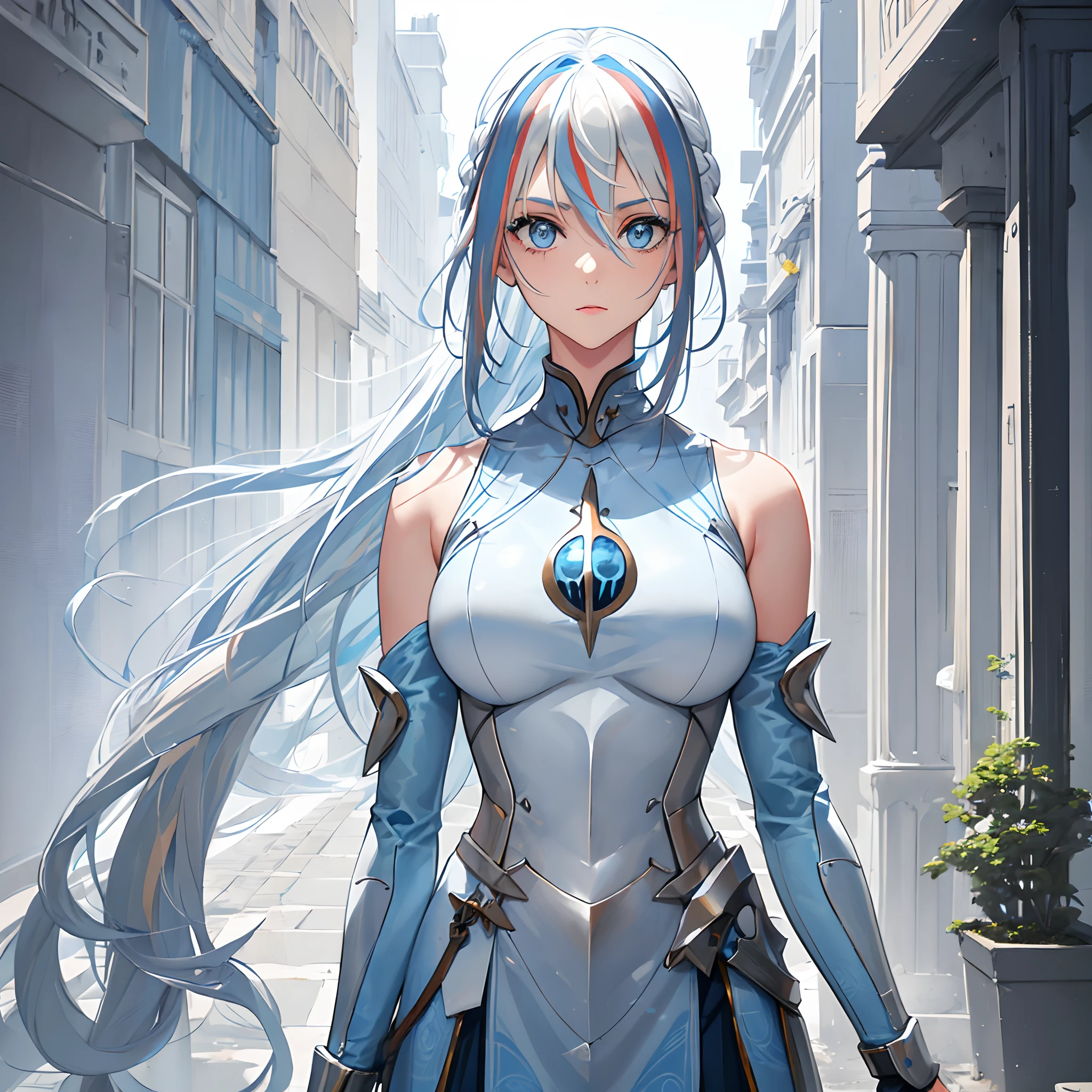 One girl, blue eyes, white hair, (((blue-streaked white hair))), french braids, delicate and flexible eyes, knightly attire, FOV, f/1.8, masterpiece, ancient civilization's ruins background, blue sky, falling leaves, front portrait shot, face focus, 8K, (((bare shoulders))), front bangs, (((asymmetrical hair))), knight lady, (((female knight light-blue attire))), looking at viewers, big breasts, (((untied hair))), (((detached sleeves))), (patterned breastplate), (patterned breast armor), (((face photoshoot)))