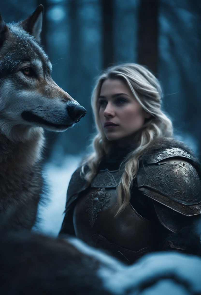 A blonde girl in armor in the icy forest next to a large brown armored wolf.
medium: digital art
ultra-detailed, realistic:1.37, high quality, HDR, vivid colors, sharp focus
portraits, landscape
cold tones, blue and white color palette
moonlight and soft, diffused lighting