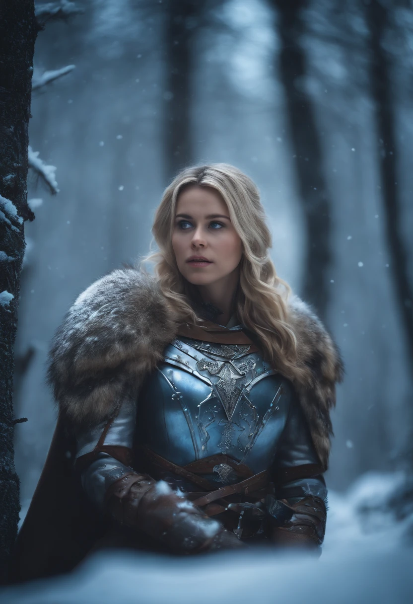 A blonde girl in armor in the icy forest next to a large brown armored wolf.

medium: digital art
ultra-detailed, realistic:1.37, high quality, HDR, vivid colors, sharp focus
portraits, landscape
cold tones, blue and white color palette
moonlight and soft, diffused lighting