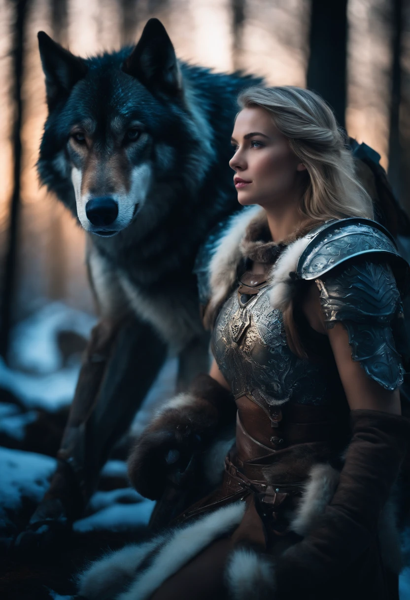A blonde girl in armor in the icy forest next to a large brown armored wolf.
medium: digital art
ultra-detailed, realistic:1.37, high quality, HDR, vivid colors, sharp focus
portraits, landscape
cold tones, blue and white color palette
moonlight and soft, diffused lighting