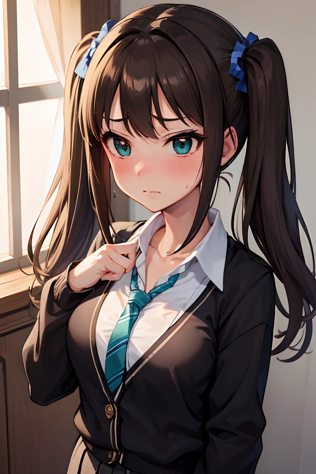 Masterpiece, High definition, High quality, Detailed face, detailed body render, 1girl , aqua eyes , black cardigan , blue necktie , blush , breasts , brown hair , cardigan , closed mouth , collared shirt , diagonal-striped necktie , ear blush , earrings , embarrassed , grey skirt , hair between eyes , hand in pocket , jewelry , long hair , long sleeves , medium breasts , necktie , pleated skirt , school uniform , sidelocks , skirt , sweat , twintails , upper body , wavy mouth , white shirt, shibuya rin (idolmaster)