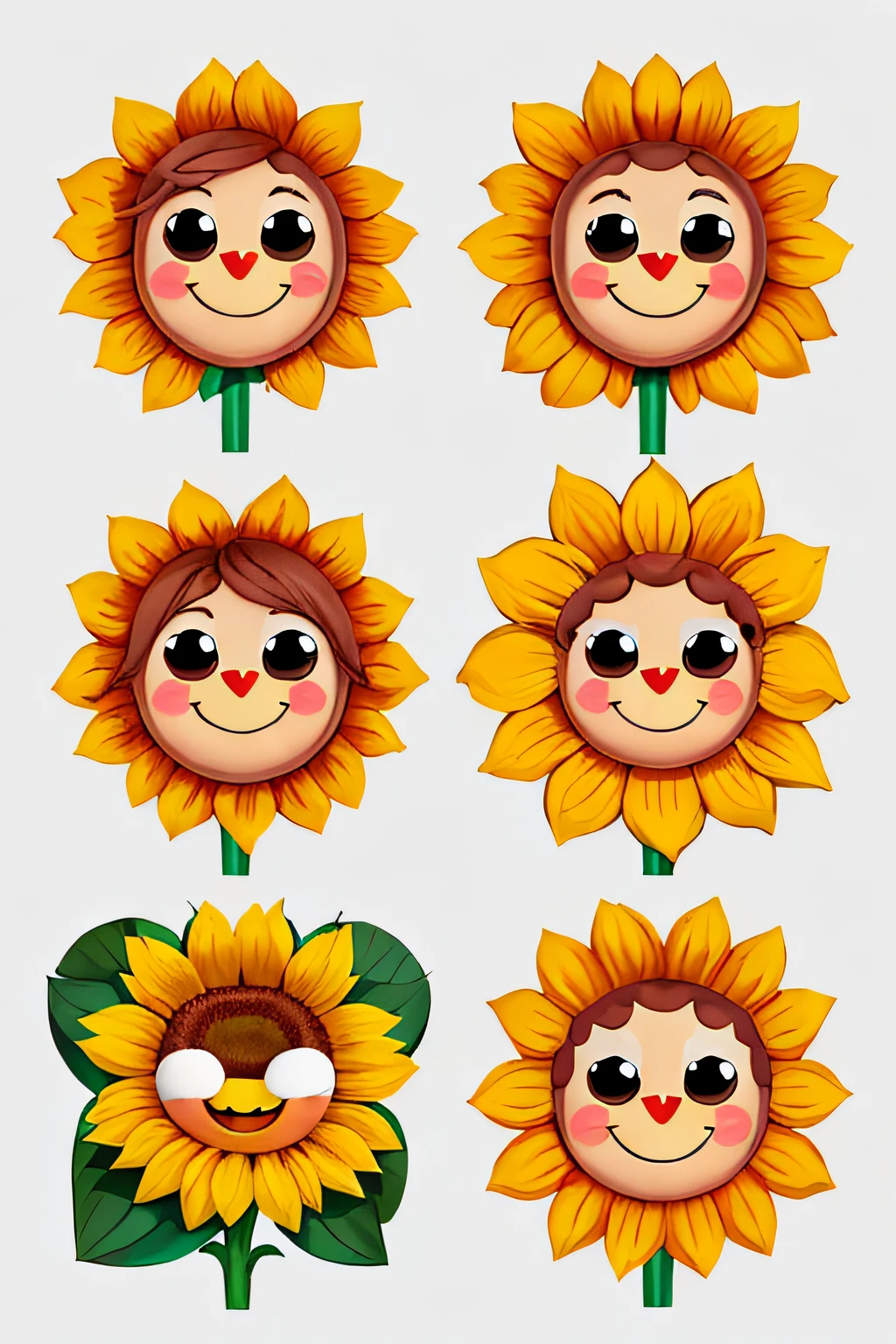 stickers of four Sunflower,cute,anthropomorphic Sunflower,emote,happy,Surprised,angry