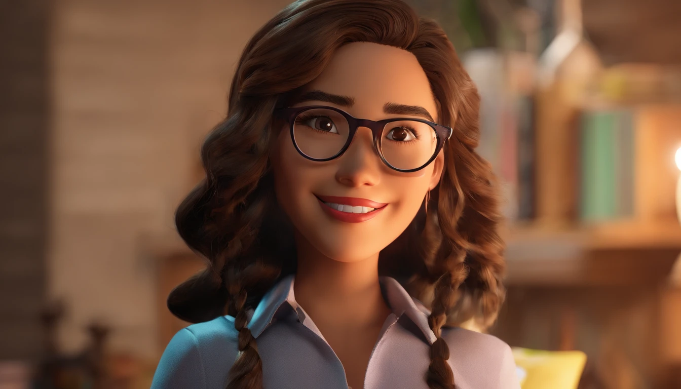 criativo, menina sorriso com cabelo preto e longo, brown eyes with glasses in your creative room