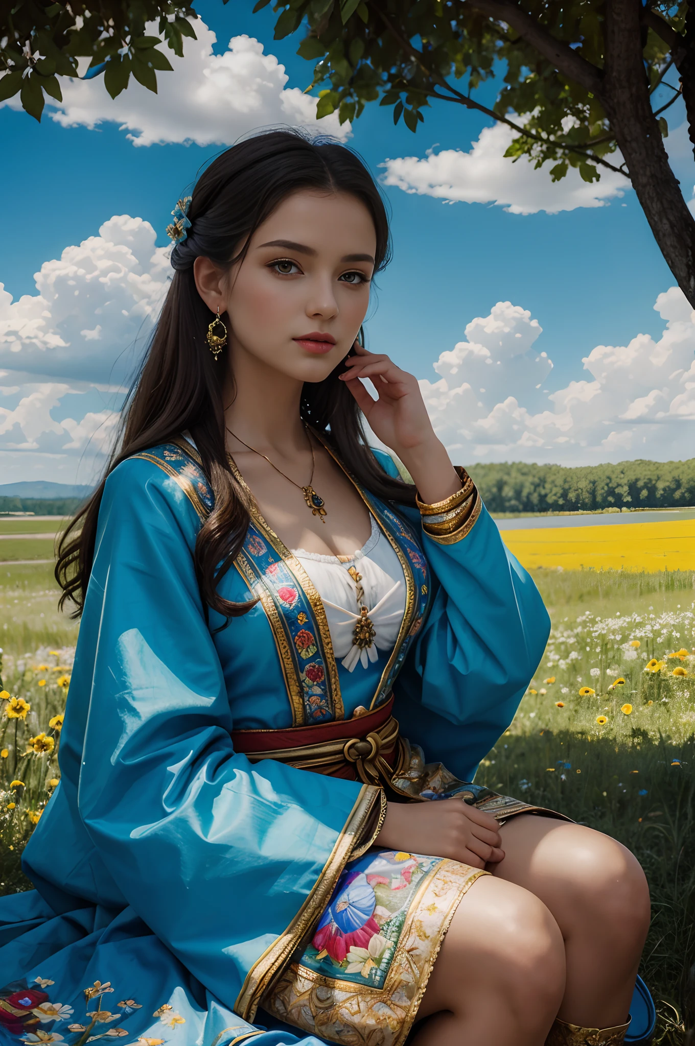 ultra detailed oil painting of a stunning woman in traditional outfit from Ukraine, surrounded by nature, blue sky with summer clouds, hand-painted, art by MSchiffer, sharp focus, colorful, high contrast,