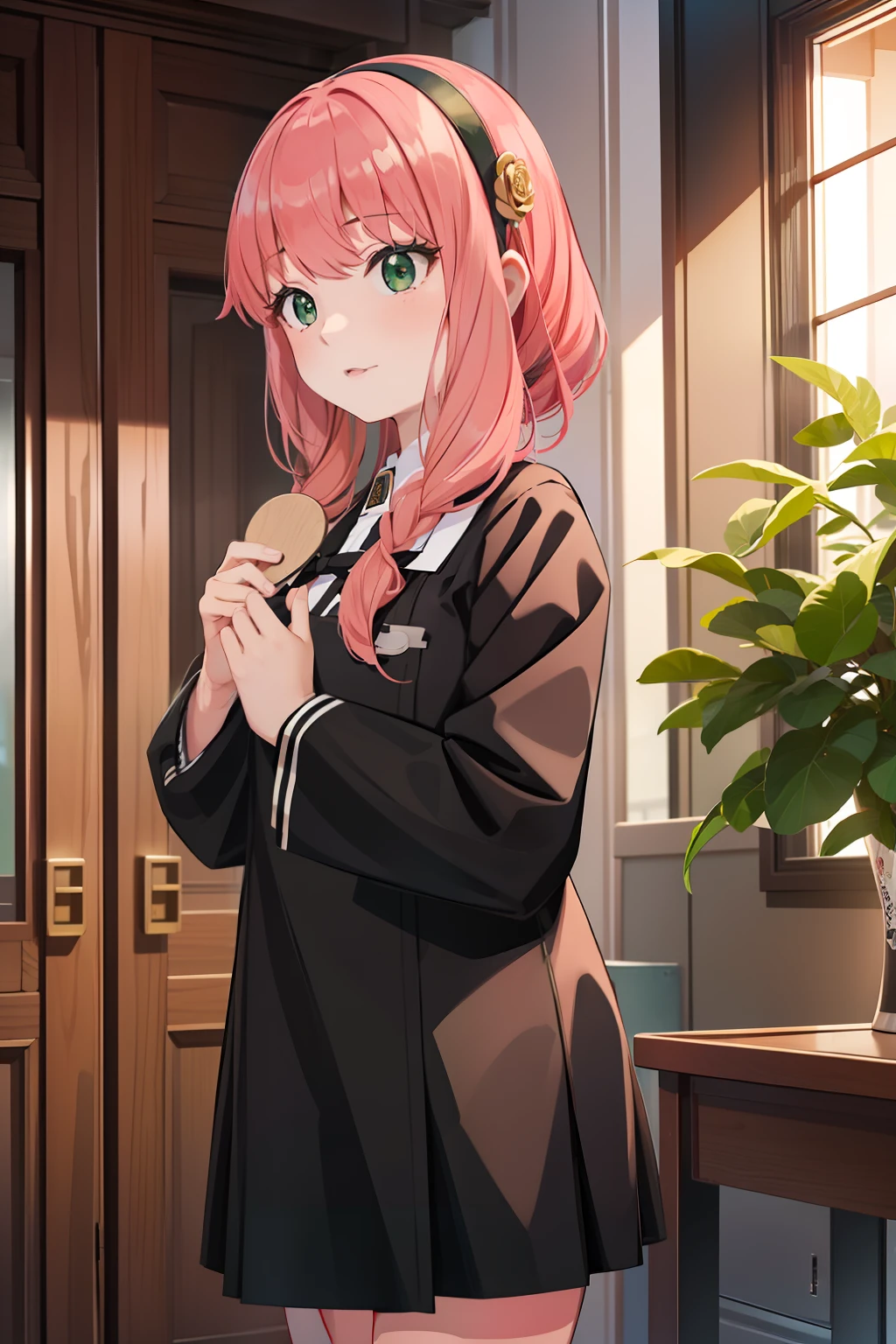 hight resolution、masterpiece、1girl in、a junior high school student、School uniform、Green eyes、Pink hair、short hair with long locks、Black hair ornament、Kamimei、