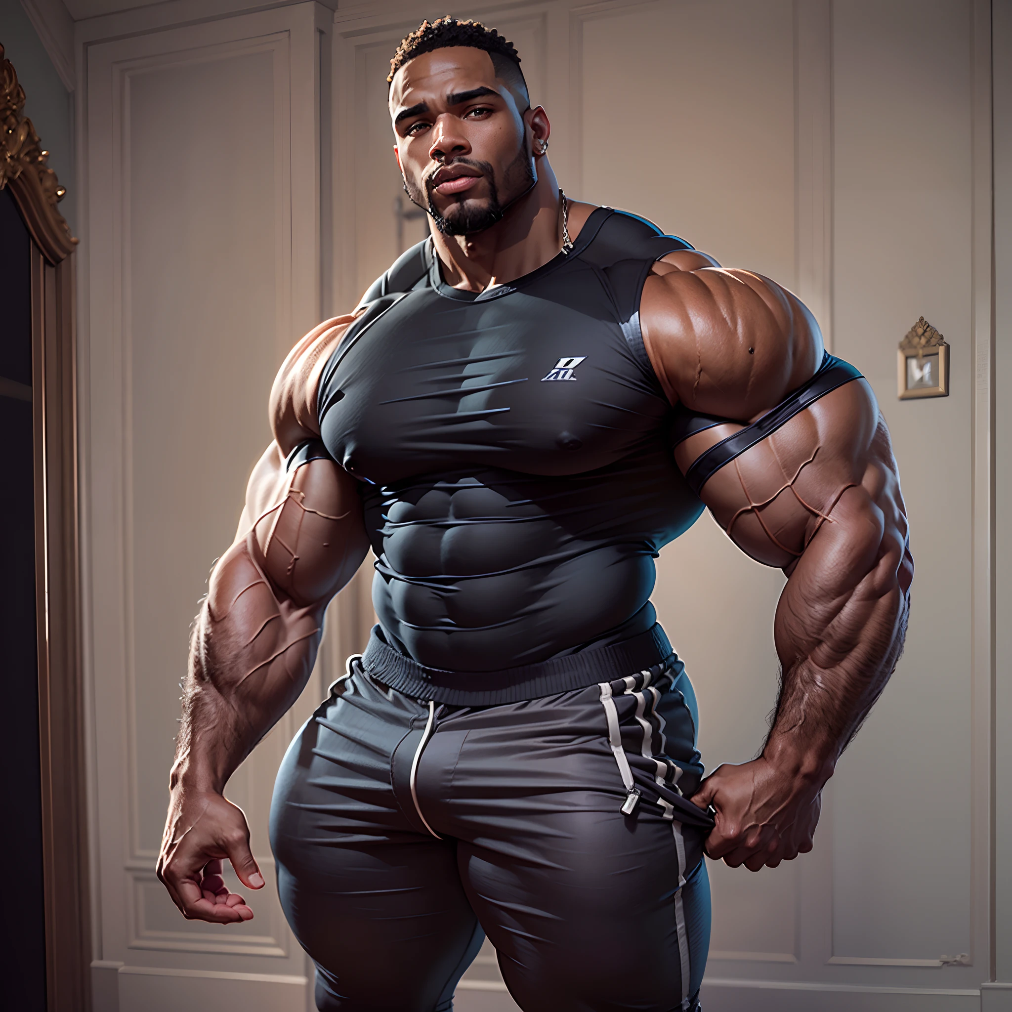 The beefiest man ever, enormously beefy black man with absolutely massive thighs and a gargantuan oversized chest, insanely huge muscle pecs, hyper muscular black bodybuilder, tight polo, insanely small waist, enormously wide chest, enormously wide hips, colossal muscle butt, bedroom background, high quality