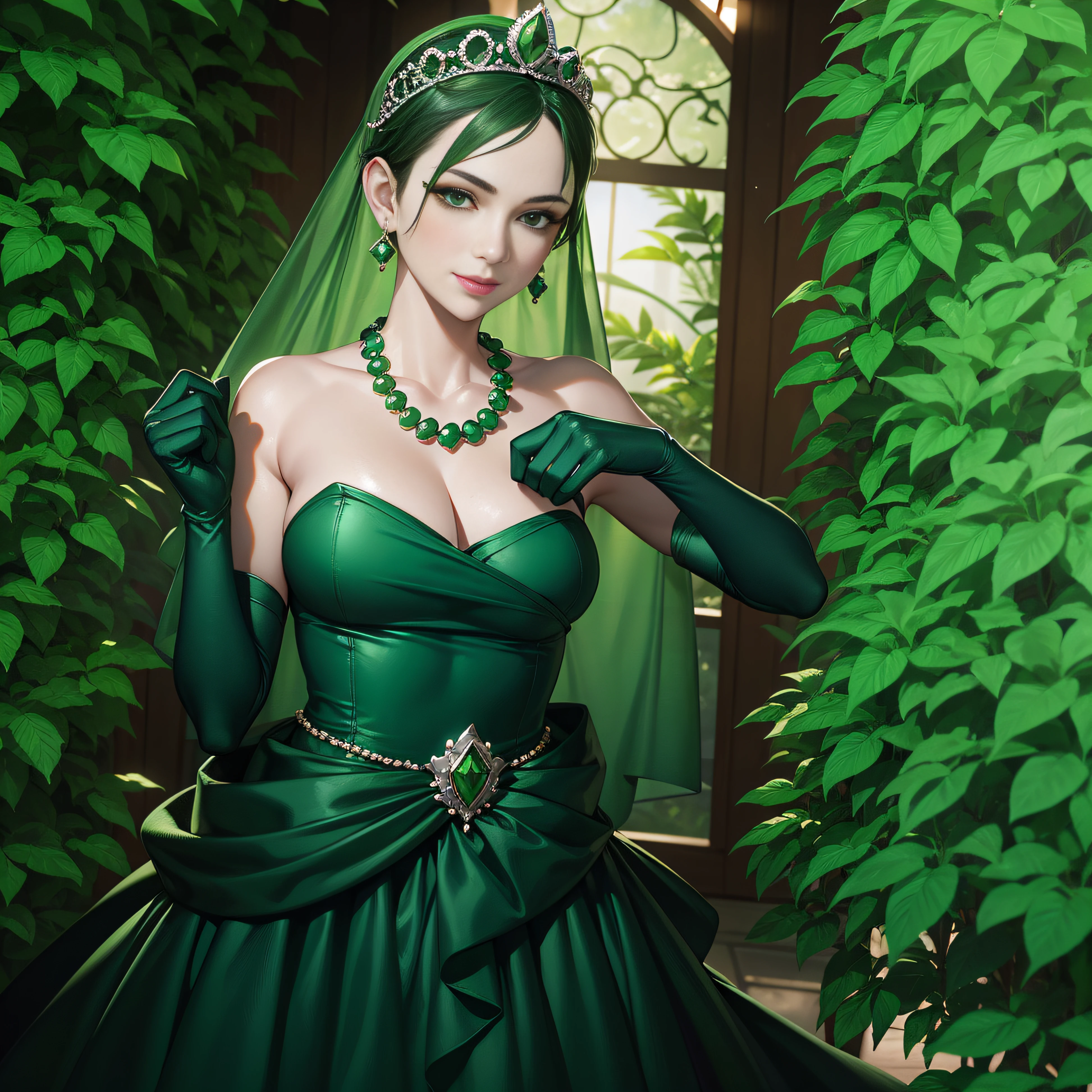 emerald tiara, Green Pearl Necklace, Boyish very short green hair, lipsticks, Japan woman smiling, very short short hair, fist, big breasts beautiful, Green eyes, Long green gloves made of satin material, Green eyes, Emerald Earrings, holding swords