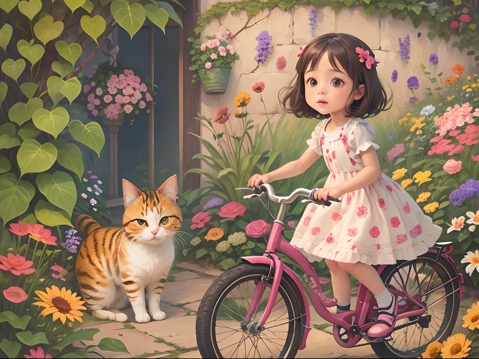 5  girl riding a bicycle, Next to it is followed by a round-eyed little flower cat,Garden path,