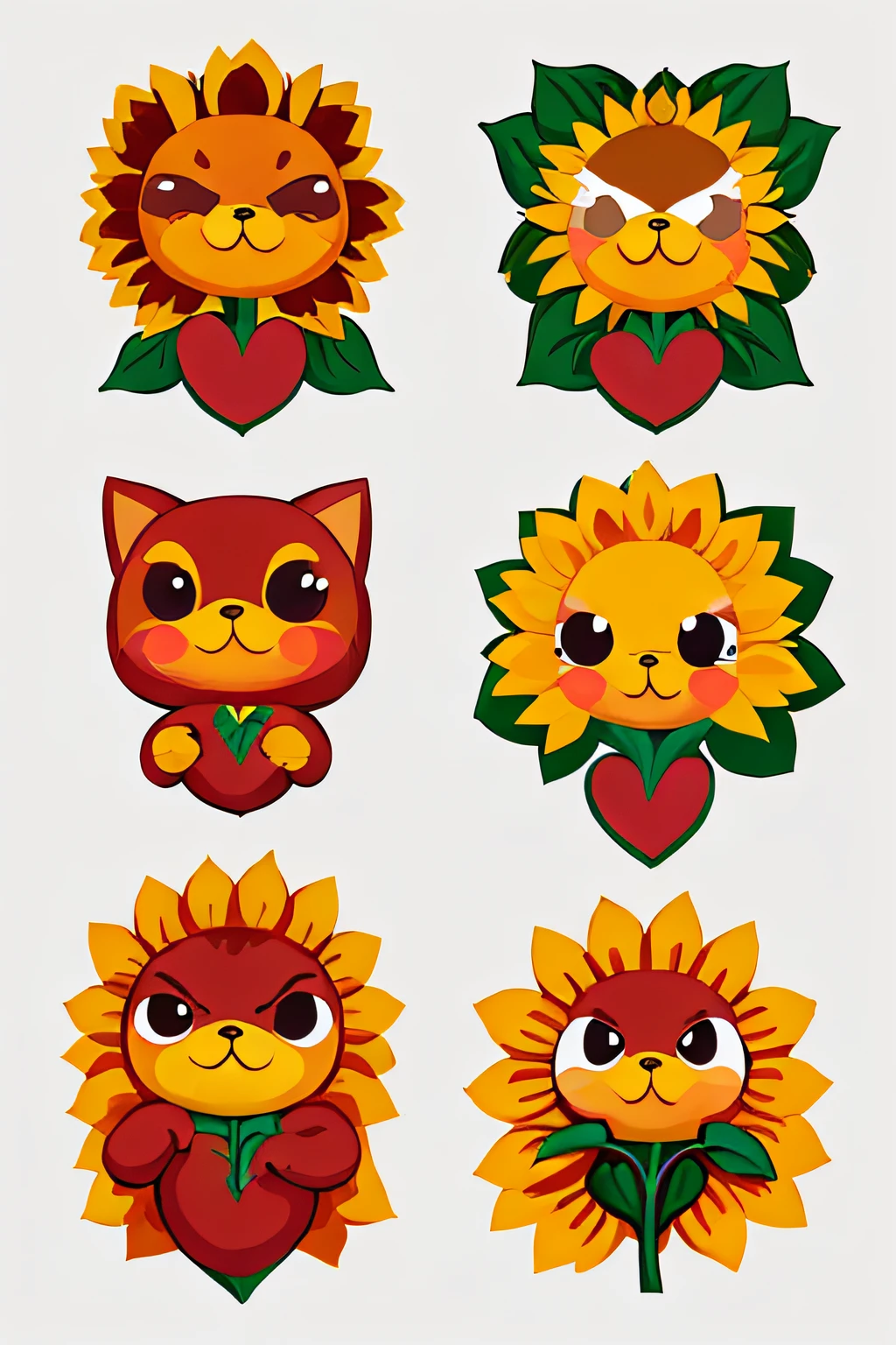 stickers of four sunflower,cute,anthropomorphic sunflower,anger