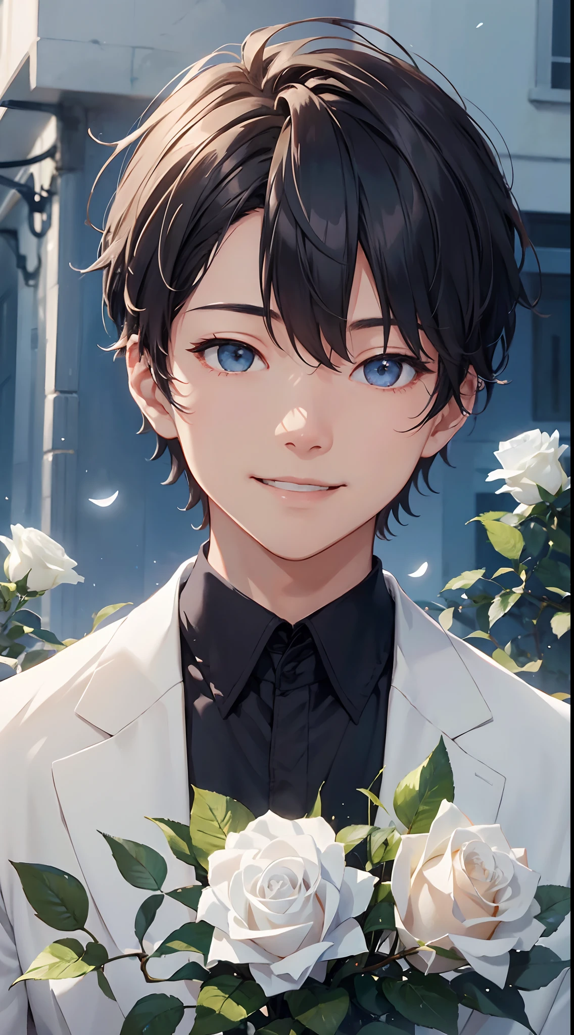 A boy with，White roses，The sky is blue，and the sun was shining brightly，A mysterious atmosphere，Smiling，Medium telephoto lens，ultraclear，ultra - detailed（half-body portrait）