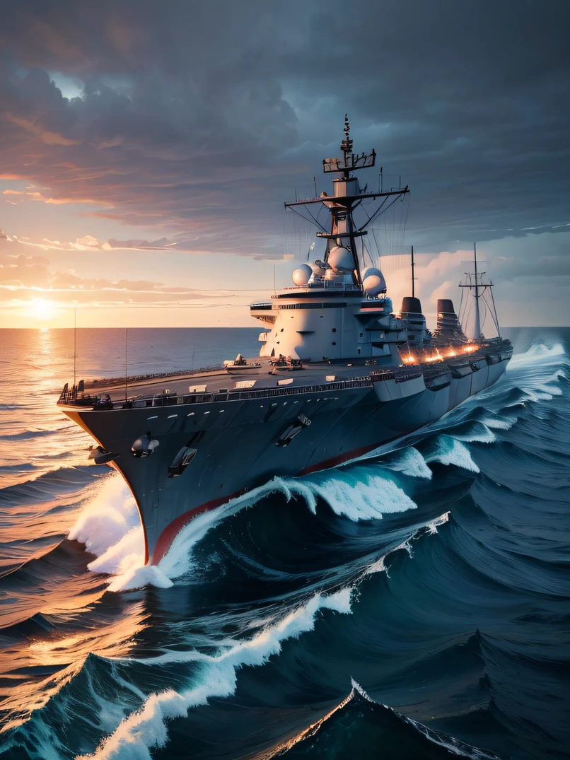 Ultra-detailed portrait of a sense of war、high quality photograph、hight resolution、Photorealsitic、ultra-detailliert、ultra detailed photographic、Ultra detailed textures、1 Large battleships、turrets、Missile launch、Ships sailing in the vast ocean、Big ocean waves、bad weather、dark sky、Wooded island in the background、Sateen、45-degree angle shot from the side of the ship