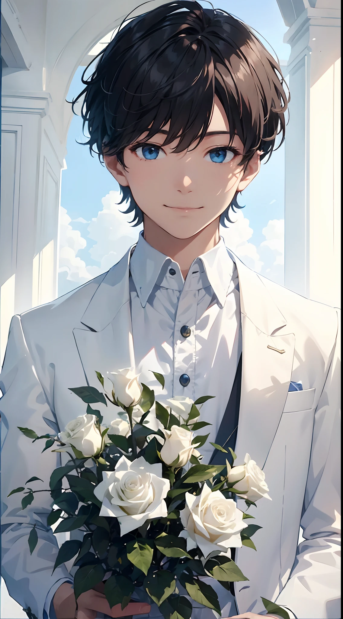 A boy with,White roses,The sky is blue,and the sun was shining brightly,A mysterious atmosphere,Smiling,Medium telephoto lens,ultraclear,ultra - detailed(half-body portrait)
