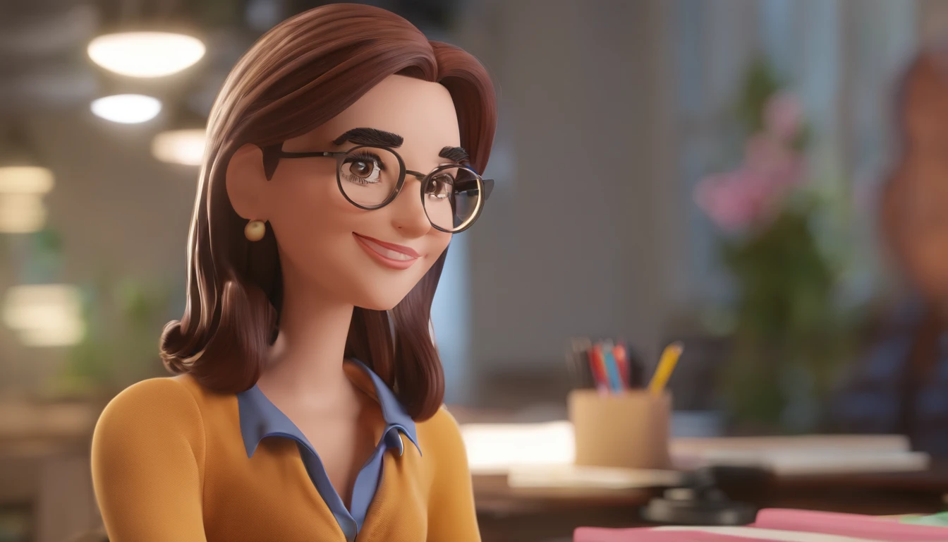criativo, professora sorriso com cabelo preto e longo, dark brown eyes with glasses in class
